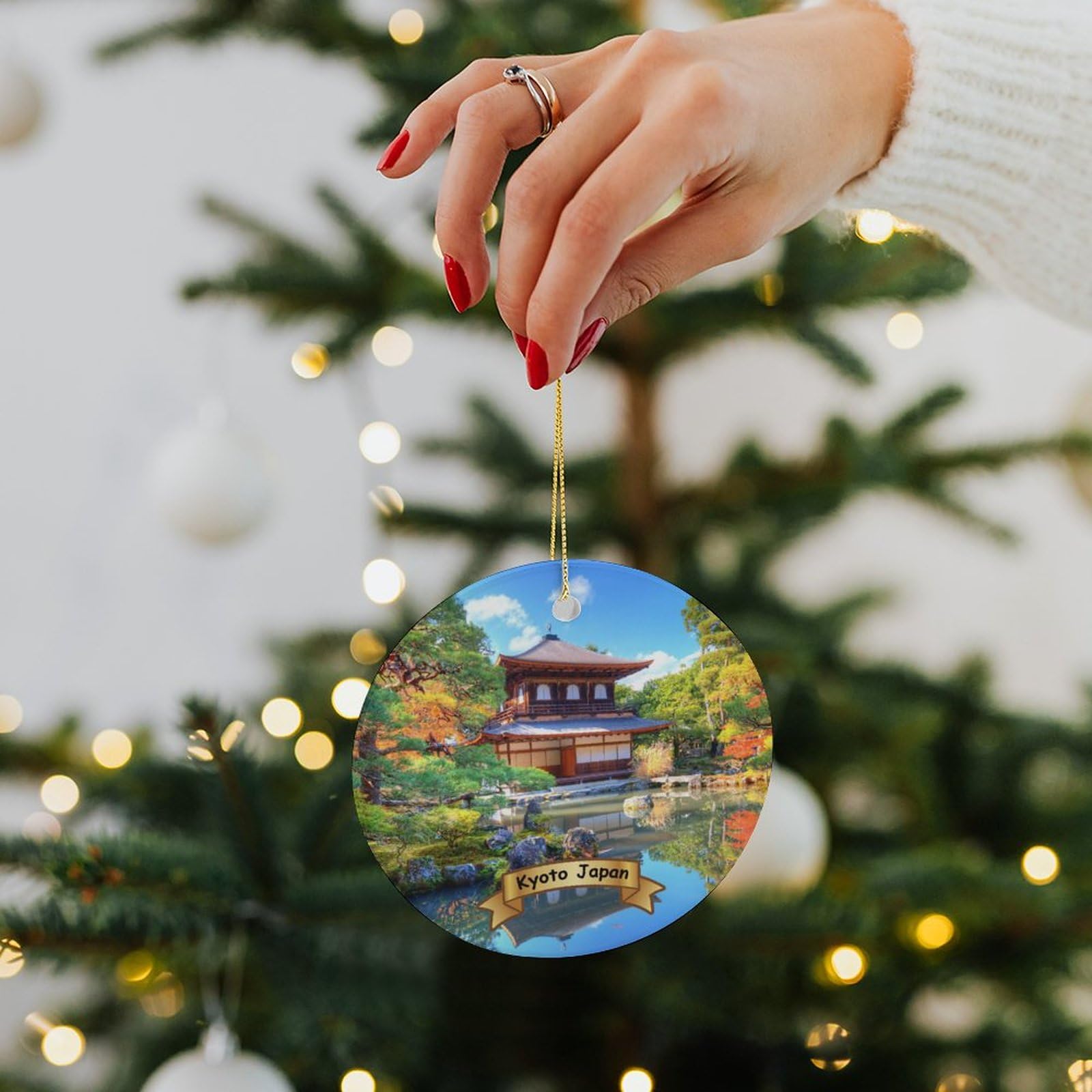 Handmade Kyoto Japan Porcelain Christmas Tree Ornament - Double-Sided Ceramic Holiday Decoration (2.9 Inch) for Xmas Tree, Gift Exchange & Winter Home Decor