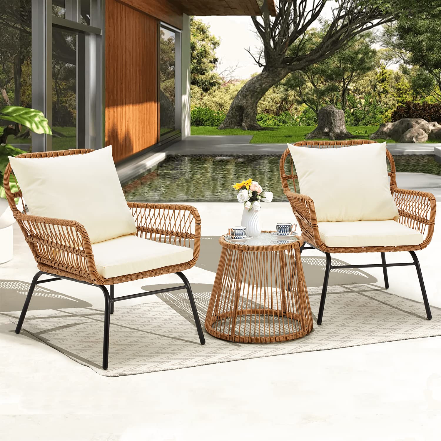 EROMMY 3-Piece Outdoor Patio Furniture Set - All-Weather Wicker Bistro Table with Tempered Glass Top & 2 Ergonomic Armchairs - White Balcony Conversation Set with Cushions for Porch, Backyard, Garden or Poolside Relaxation