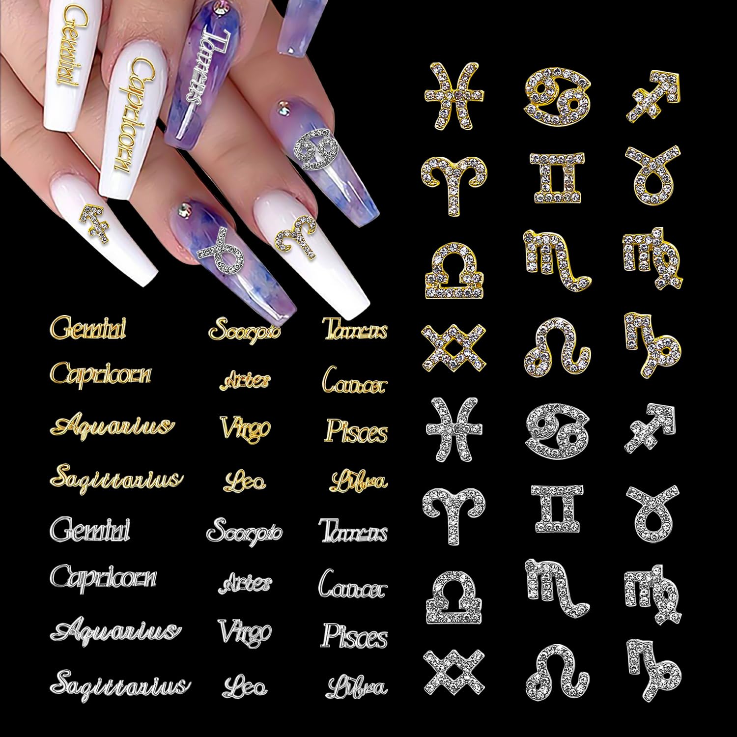 48-Piece Gold & Silver Alloy Zodiac Nail Charms Set - 12 Constellation Nail Studs with Astrological Signs for Nail Art | Perfect for DIY Manicures, Party Nail Decorations & Gift Giving