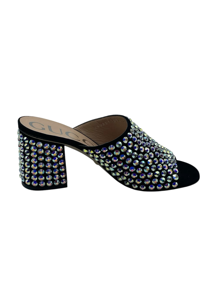 Gucci Embellished Suede Mules for Women - Size 37.5 (US 7.5) | Luxury Slip-On Loafers with Rhinestone Details - Perfect for Casual Outings, Office Wear & Special Occasions