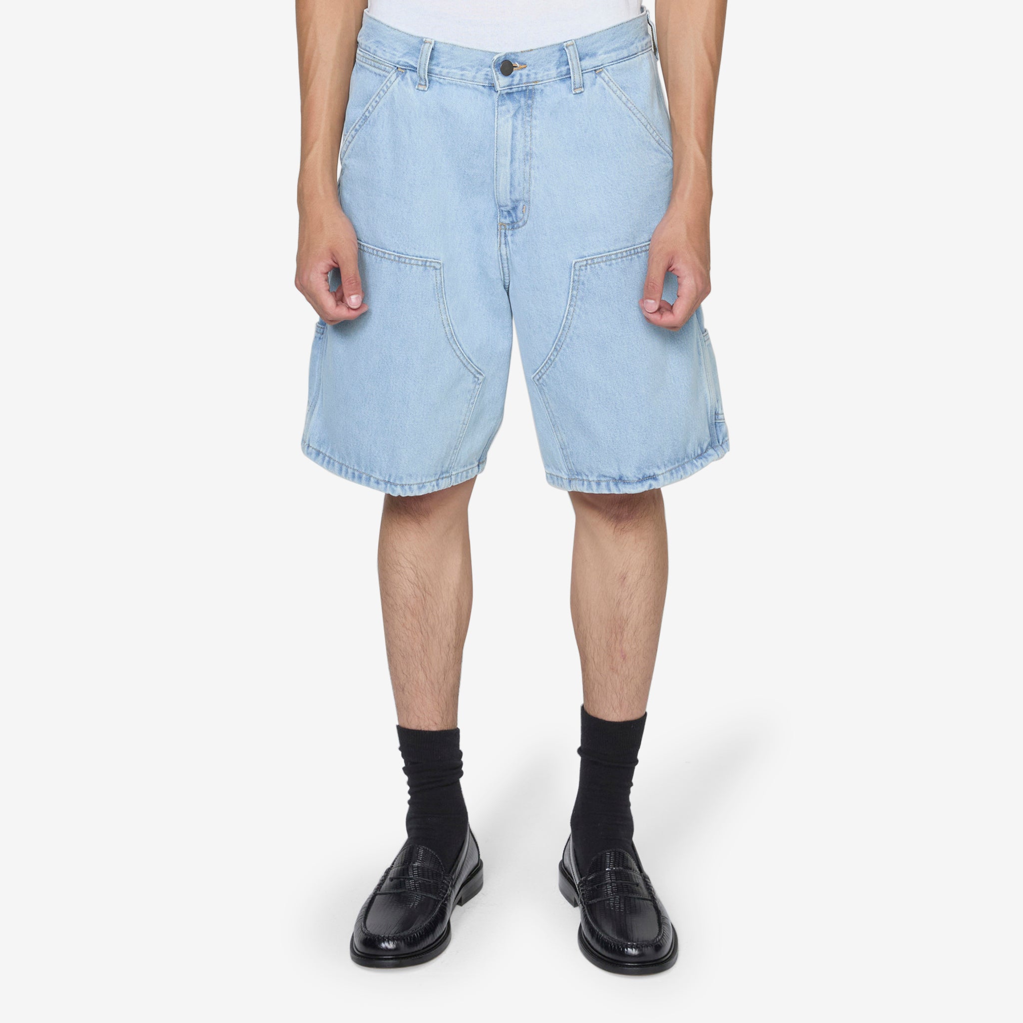 Men's Double Knee Denim Shorts - Heavy Stone Bleached Blue for Casual Wear & Summer Outfits