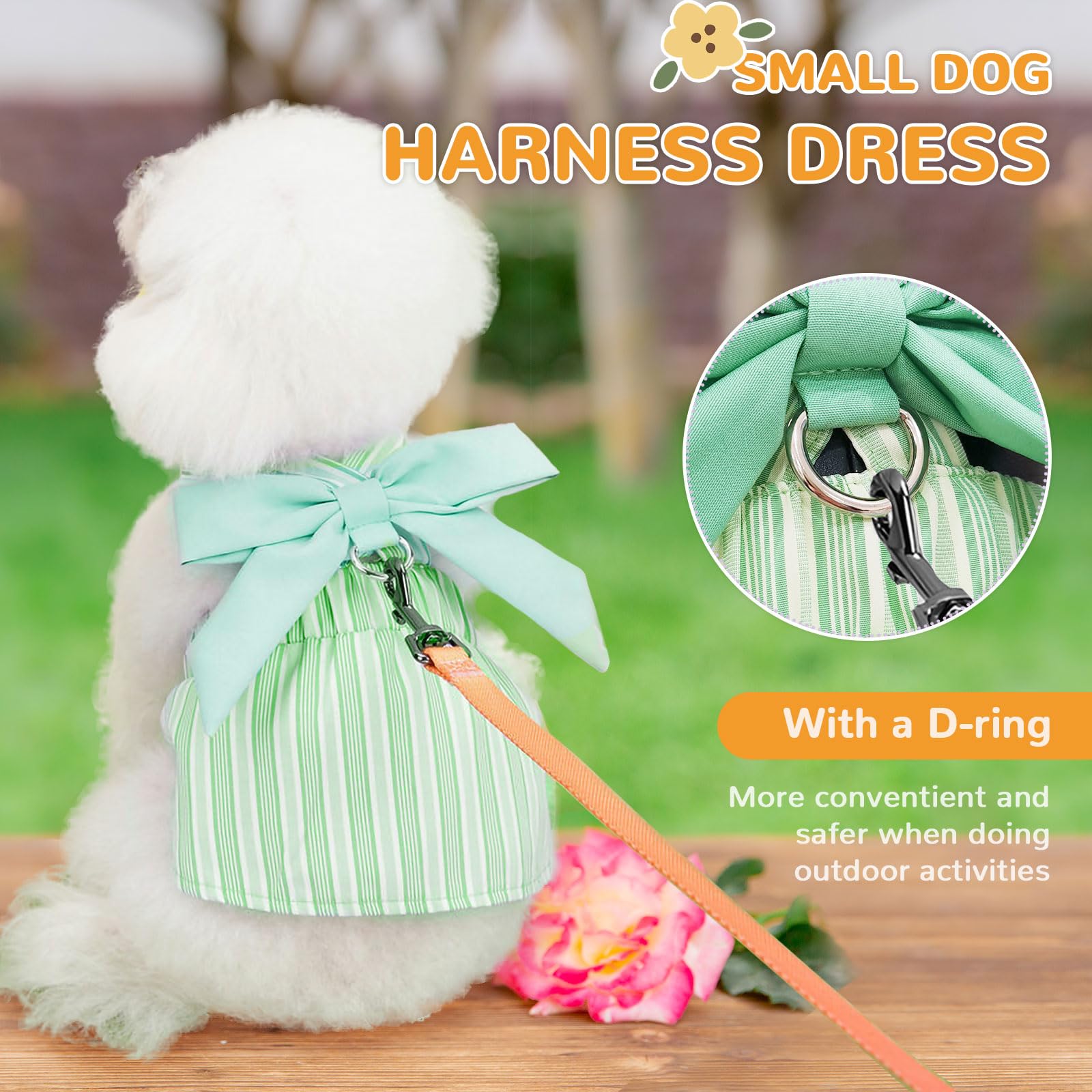 Cute Striped Summer Dog Dress with Bowknot - Small Dog Harness Outfit for Chihuahua, Yorkie, Pug & Female Cats (Green, Large) - Perfect for Birthday Parties & Outdoor Adventures