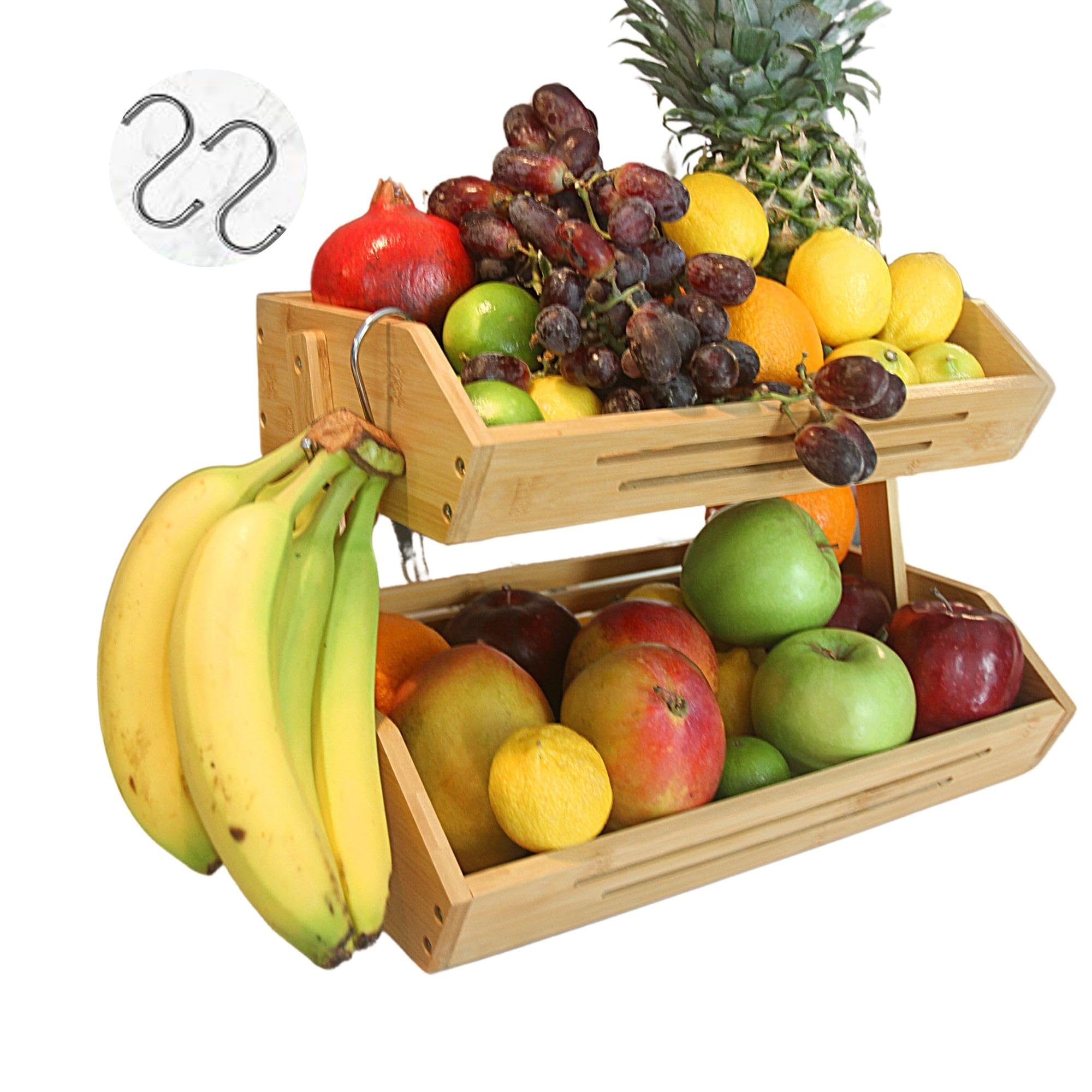 2 Tier Bamboo Fruit Basket with Banana Hanger Hooks - Wooden Kitchen Countertop Organizer for Fruits & Vegetables - Perfect for Home Kitchen, Fruit Shops, and Pantry Storage