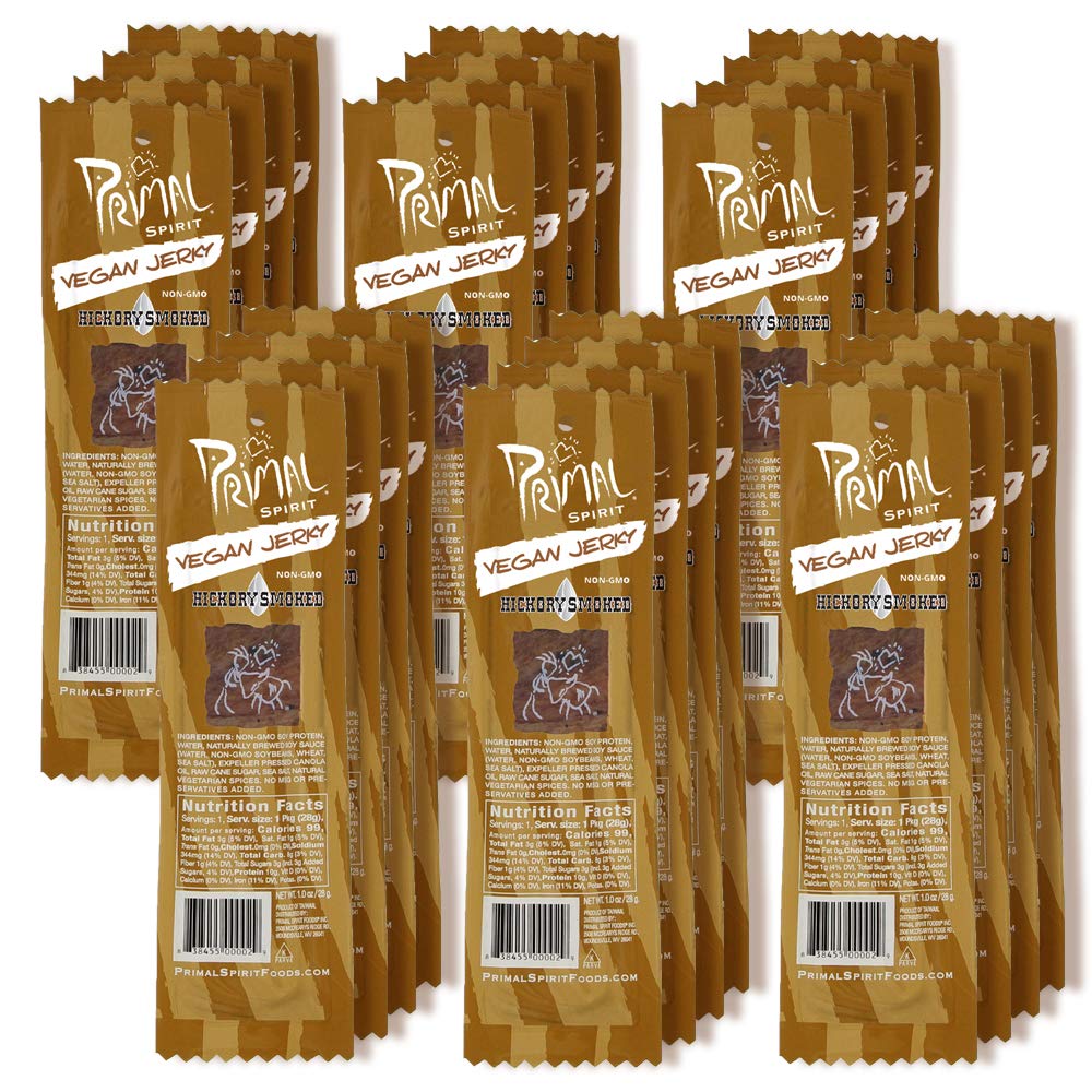 Primal Spirit Vegan Jerky - Hickory Smoked Classic Flavor | 24 Pack (1 oz Each) | Plant-Based Protein Snack | Non-GMO, No Preservatives | Perfect for Hiking, Camping & Sports Nutrition