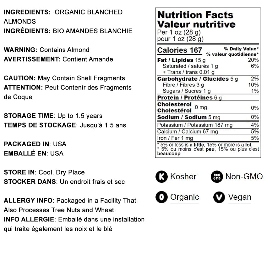 Food to Live Organic Blanched Whole Almonds, 16 Pounds - Non-GMO, Raw, Unpasteurized, Unsalted, Keto, Paleo, Kosher Certified, Bulk Almonds | High in Protein, Fiber, Vitamin E, Manganese & Riboflavin | Perfect for Snacking, Baking, Cooking & Healthy Recipes