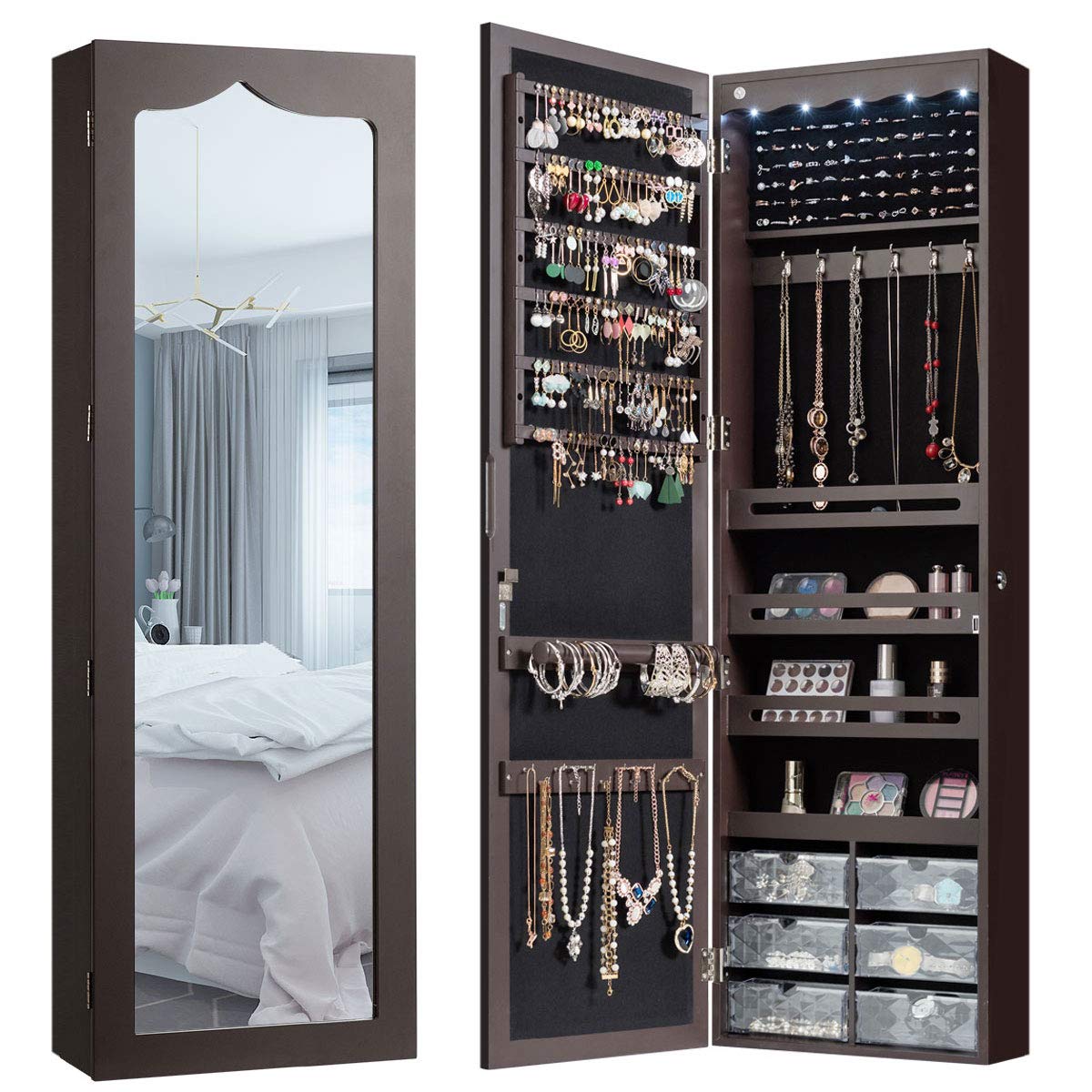 Charmaid 5-LED Jewelry Armoire - Wall Mounted/Door Hanging Mirror with Lock, Full Length Mirror & 6 Drawers - Large Capacity Jewelry Organizer Storage Cabinet for Women & Girls (Brown) - Perfect for Bedroom, Closet, Dressing Room & Gift Giving