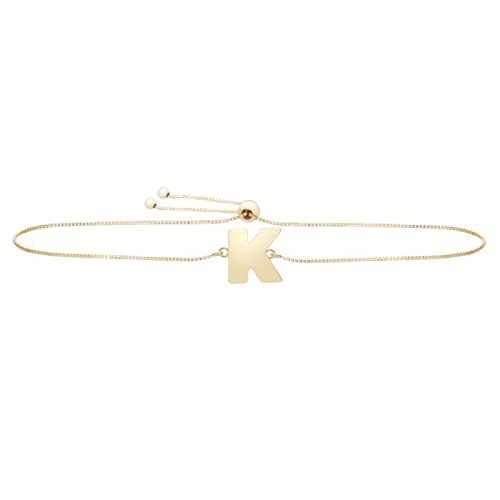 14K Solid Yellow Gold Letter A Adjustable Block Initial Bolo Friendship Bracelet with Draw String Clasp - 9.25