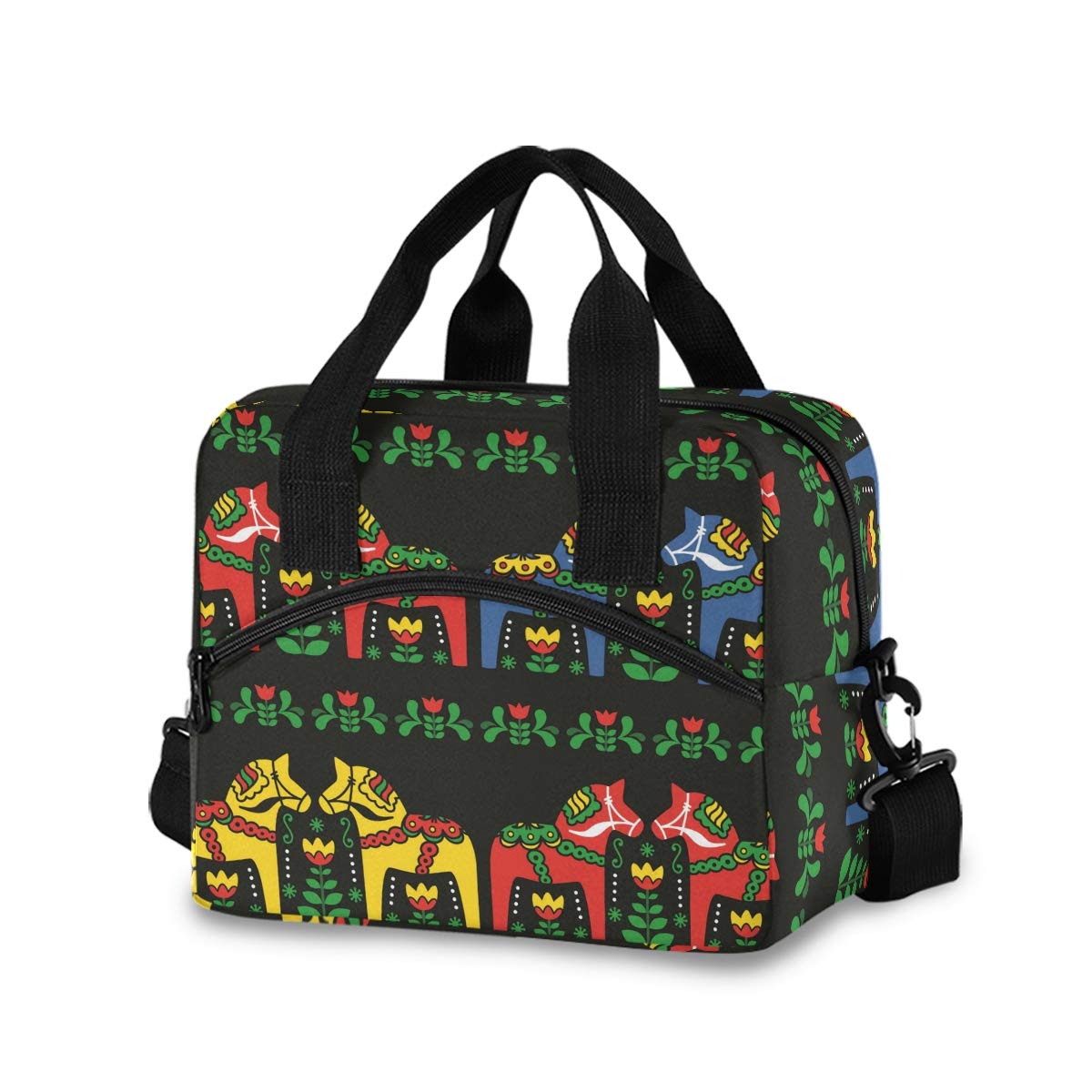 OREZI Insulated Lunch Bag for Women & Girls - Swedish Dala Horse Design, Detachable Shoulder Strap, Thermal Lunch Box for School, Office & Picnics - Perfect for Work, School & Outdoor Activities