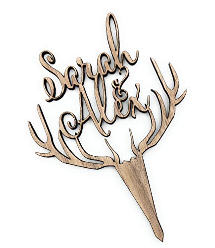Personalized Deer Antler Wedding Cake Topper - Rustic Wooden Custom Cake Decoration for Weddings, Anniversaries & Special Celebrations