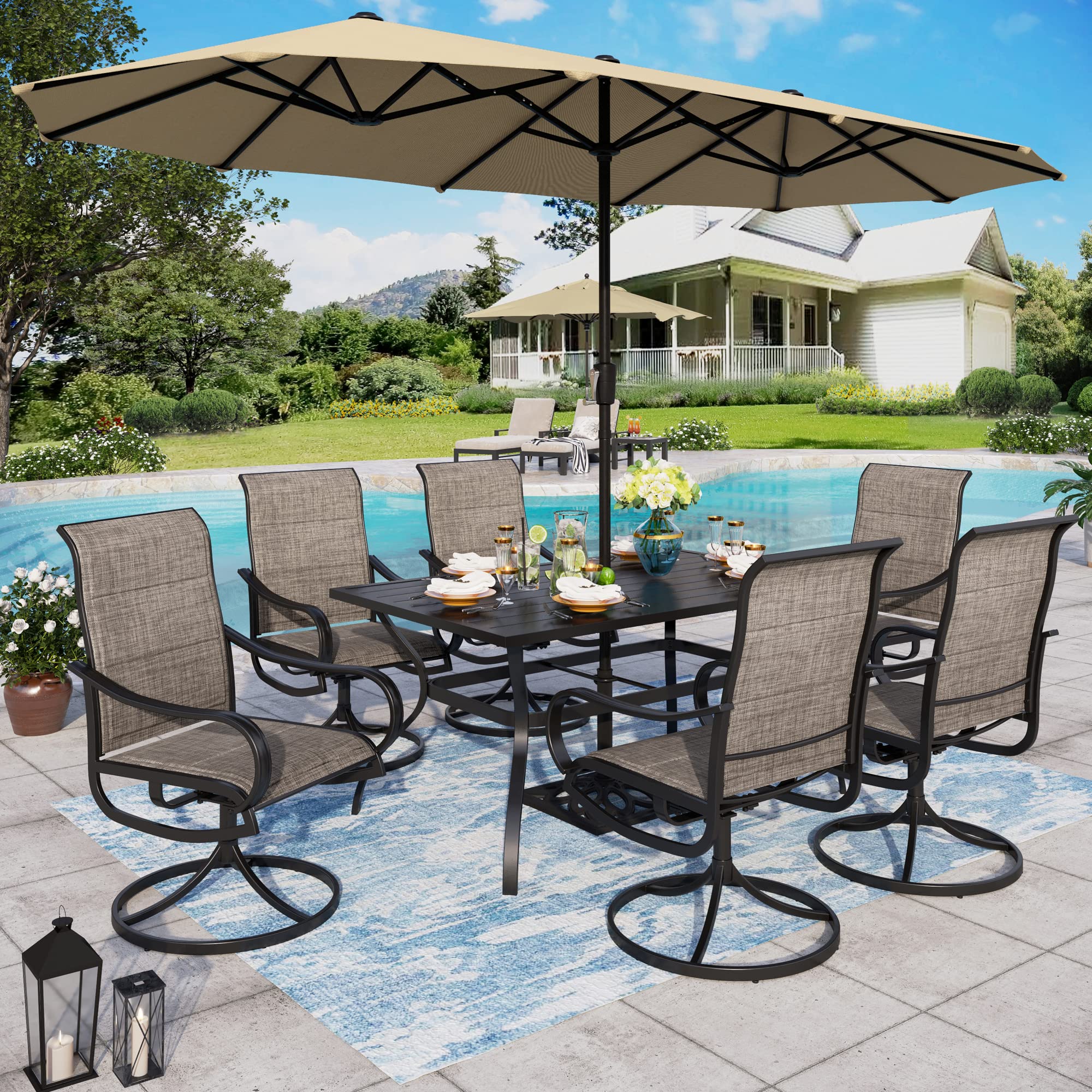 Sophia & William 8-Piece Outdoor Patio Dining Set for 6 with Swivel Chairs & 13ft Double-Sided Umbrella - Quick-Dry Textilene & Metal Table - Perfect for Garden, Backyard, Poolside & Outdoor Entertaining