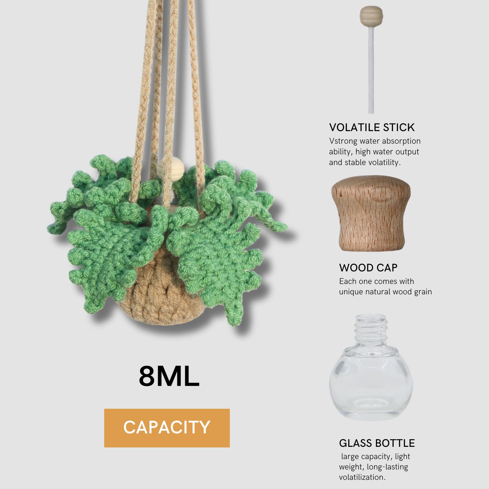 Handmade Crochet Car Air Freshener - Bendable Fern Plant with 8ml Refillable Essential Oil Diffuser | Car Rearview Mirror Hanging Decor, Home & Office Aromatherapy | Perfect for Gifts, Vehicle Accessories, and Relaxation Spaces