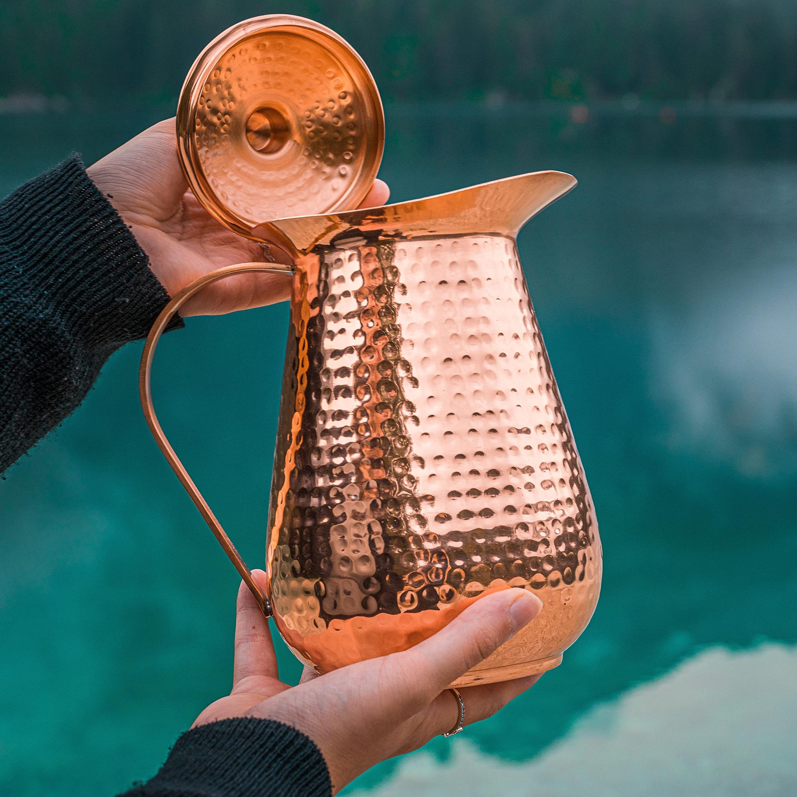 68oz Pure Copper Handmade Hammered Pitcher with Lid & 12oz Cups - Promote Hydration, Reduce Sugar Intake & Boost Health Benefits - Perfect Bedside Carafe for Water, Juice & Wellness Drinks
