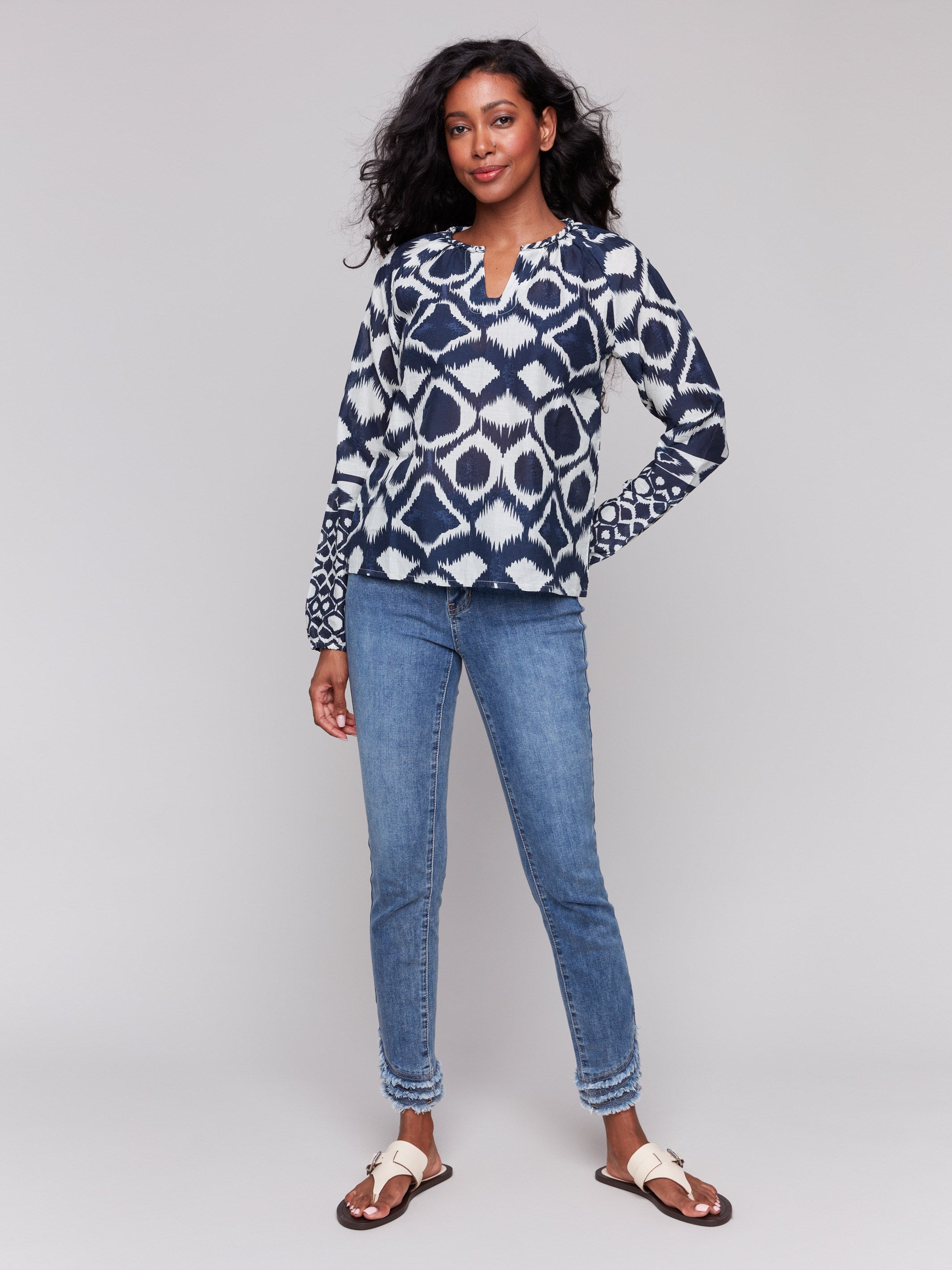 Printed Cotton Long Sleeve Popover Blouse for Women - Navy Blue Casual Shirt - Perfect for Office Wear, Date Night & Spring Outfits