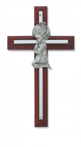 Silver Cross Wall Decor for Girls - Cherry Stained Wooden Nursery Cross - Perfect for Baby Room, Christening Gift & Christian Home Decor