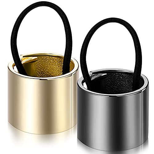 2 Pack Gothic Punk Hair Ties for Women - Metal Circle Hair Bands with Elastic Rope, Cuff Hair Clips (Gold & Gun Black) | Perfect for Ponytails, Braids & Punk Style Hairstyles