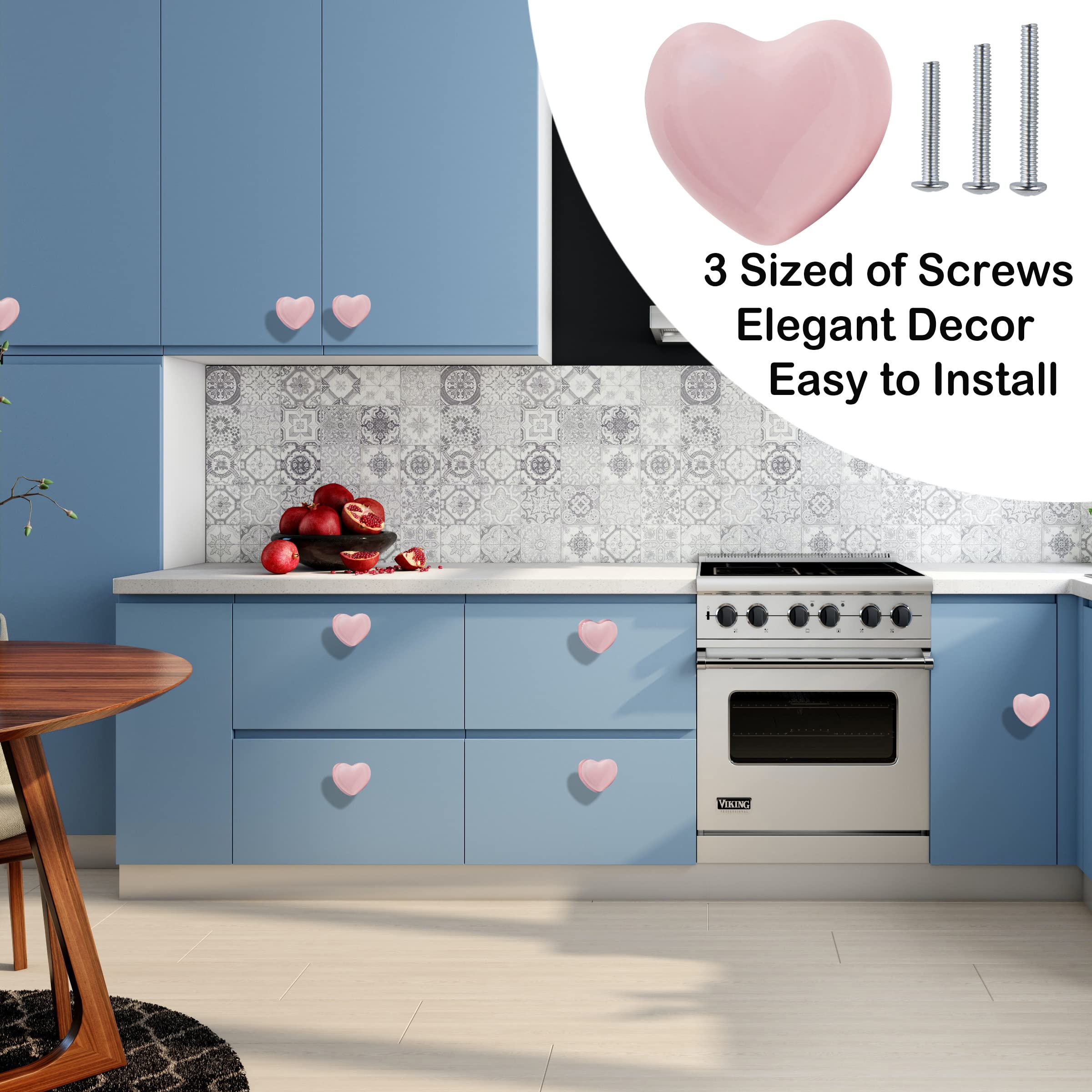 Heart-Shaped Ceramic Drawer Knobs - Powder Pink Cabinet Handles with 3 Size Screws for Kitchen, Dresser, Wardrobe & Closet - Durable Furniture Hardware for Home Decor & DIY Projects