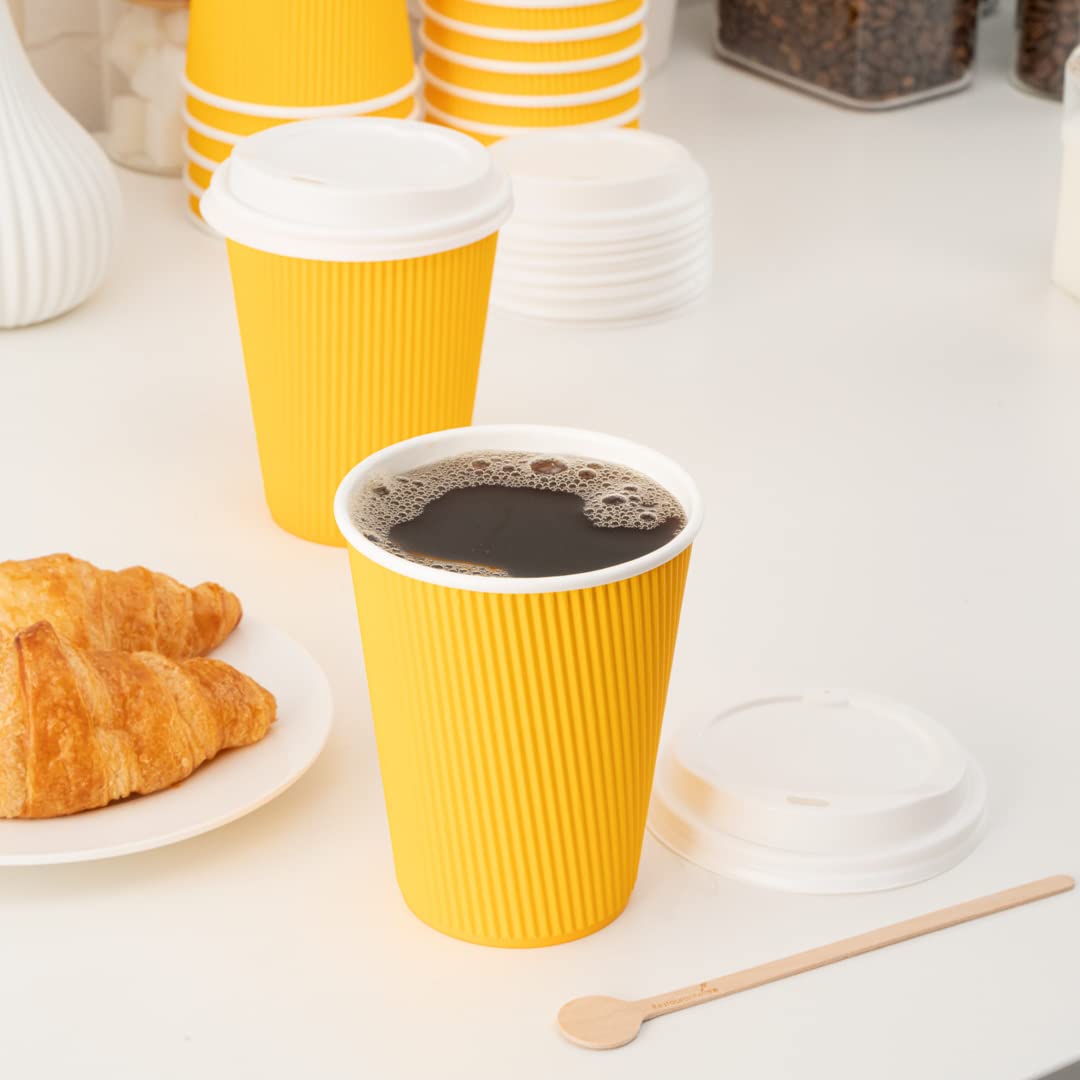 12oz Insulated Coffee Cups with Lids - 200 Pack Leakproof Disposable Hot Drink Cups for Restaurant, Cafe & Office | Yellow Ripple Wall Paper Cups for Coffee, Tea, Hot Chocolate & Lattes | BPA Free & Non-Slip Design