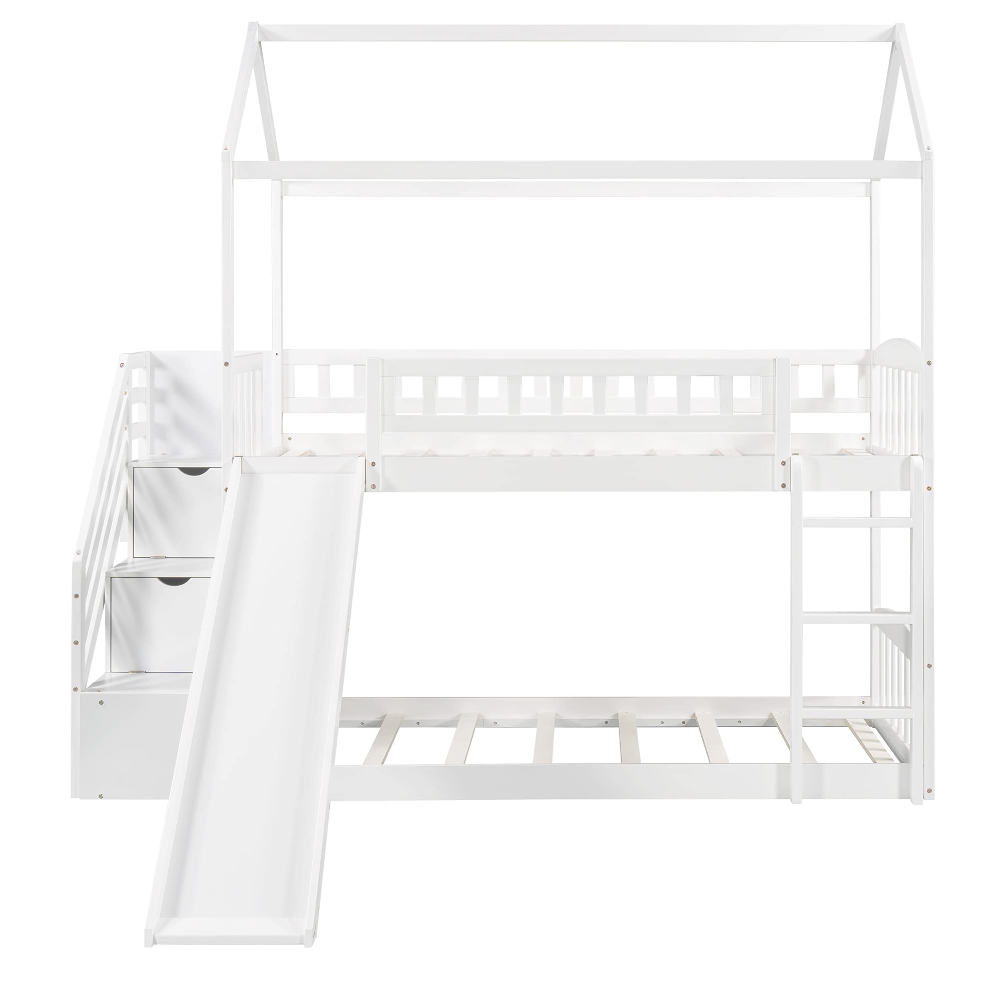 Twin Over Twin Wooden House Bunk Bed with Slide, 2 Drawers, Roof & Guardrails - Kids/Teens House-Shaped Bed, No Box Spring Needed (White) - Perfect for Small Bedrooms, Shared Kids Rooms & Vacation Homes