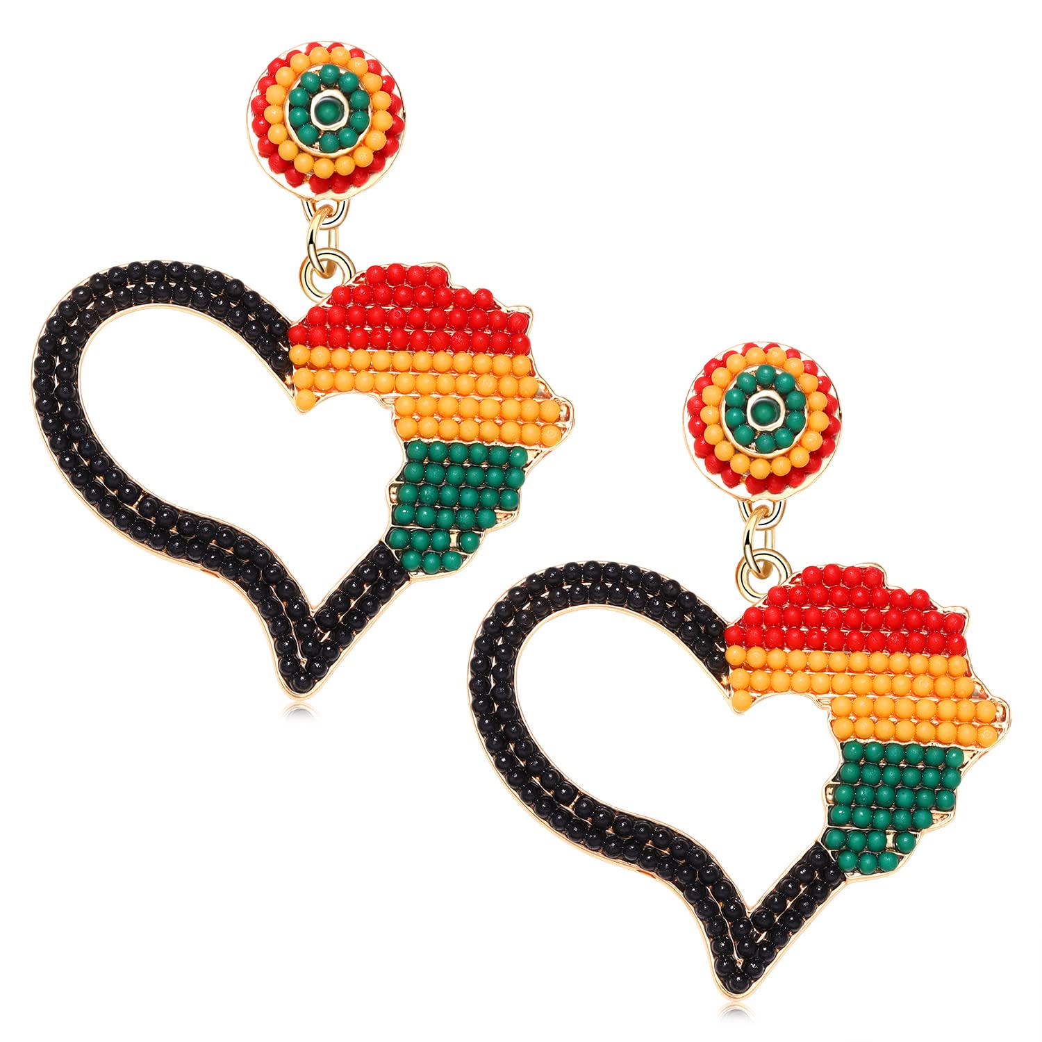 Crystal Beaded Afro Dangle Earrings for Women - African Map & Heart Design Ethnic Jewelry - Juneteenth Inspired Gift for Black Women - Perfect for Parties, Weddings & Cultural Celebrations