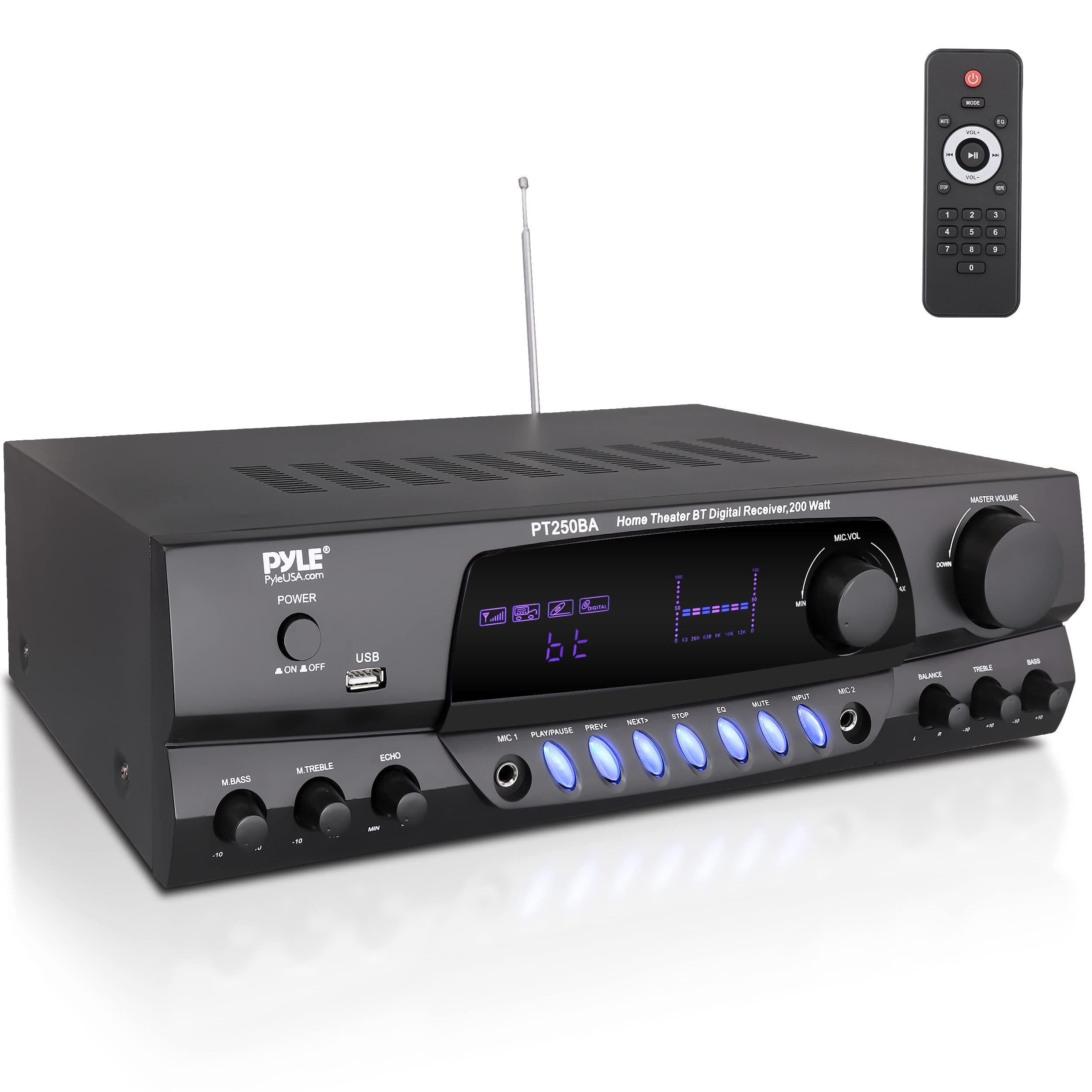 Pyle Wireless Bluetooth Power Amplifier System - 200 Watt Max Home Theater Audio Stereo Receiver with FM/USB, Mic Input, RCA, Echo & EQ Control - Perfect for Karaoke, DJ Parties, and Home Entertainment Systems