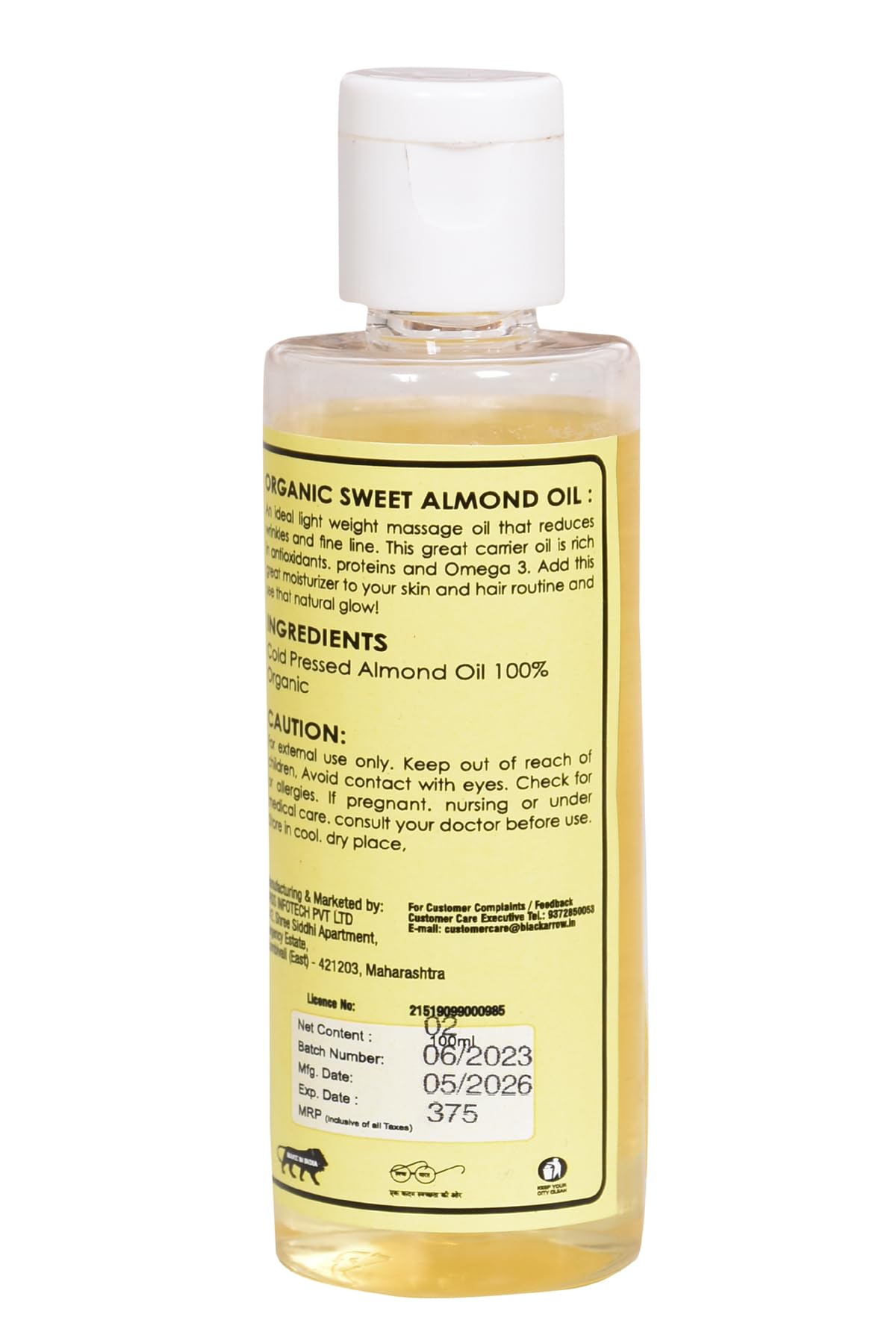 Black Arrow Pure Cold Pressed Sweet Almond Oil for Skin & Hair | 100% Natural Vitamin E Rich Moisturizer | Deep Nourishment & Hydration | 100ml | Perfect for Massage, DIY Beauty & Aromatherapy