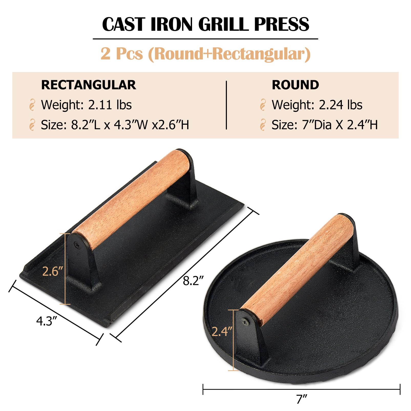 2Pcs Cast Iron Burger Press Set (Rectangular & Round) - Heavy Duty Smash Grill Press for Hamburgers, Steak & Bacon - Professional BBQ & Teppanyaki Cooking Accessories - Perfect for Grilling, Panini Press & Outdoor Cooking