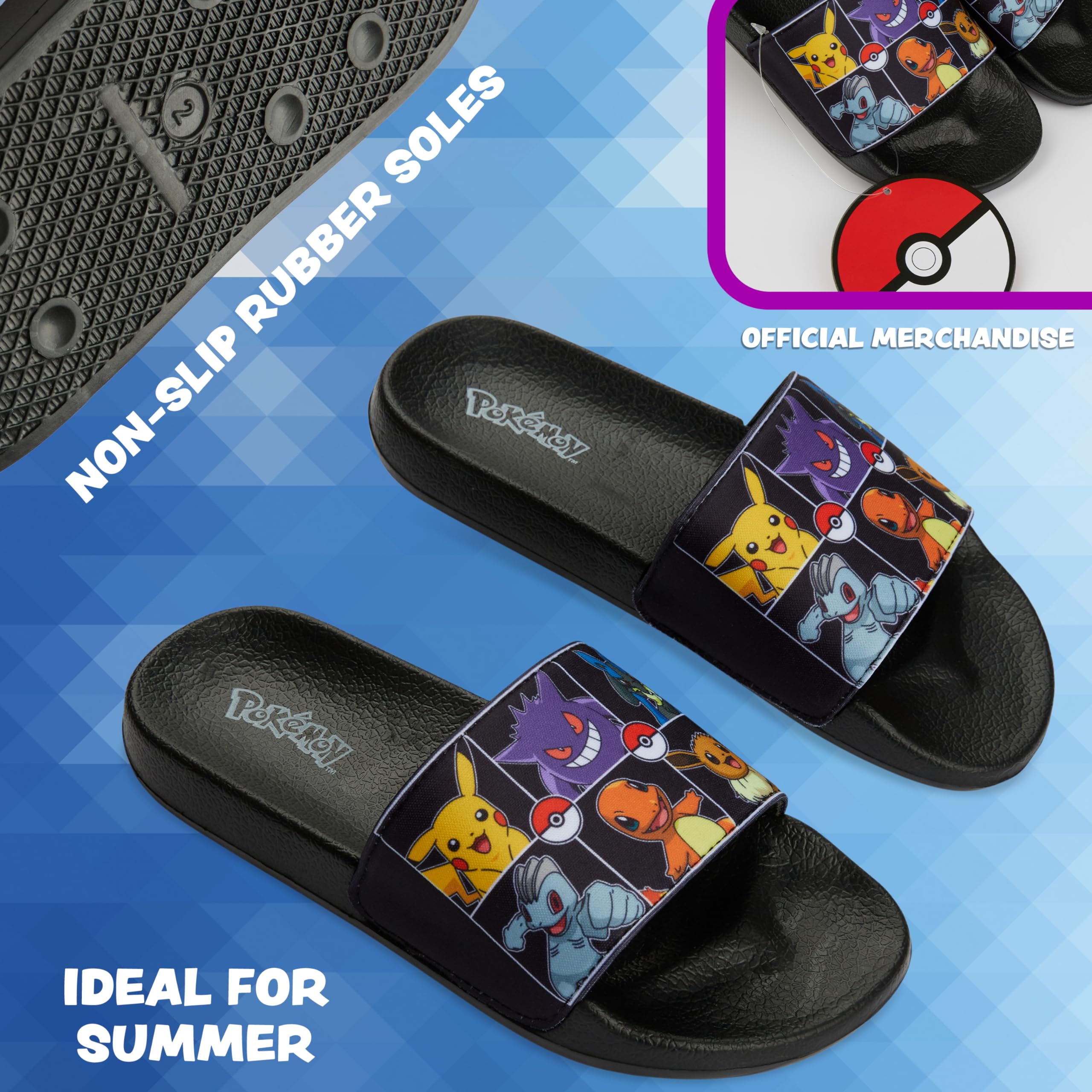 Pokemon Boys Slides - Kids Beach & Pool Shoes with Non-Slip Soles | Comfortable Water Sandals for Summer, Swimming, Vacation & Outdoor Play | Perfect Gamer Gift for Boys & Girls