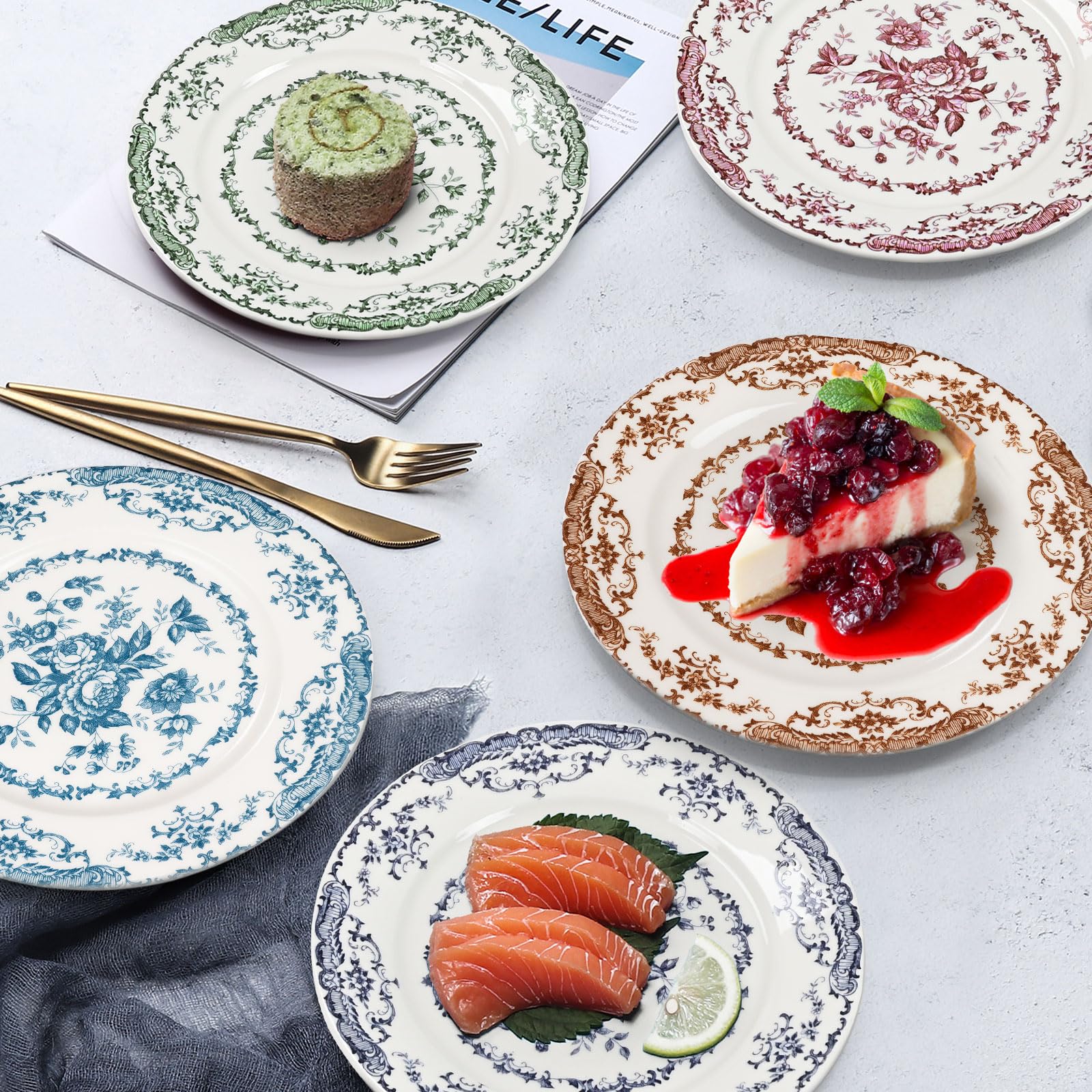 6-Piece White Ceramic Dinner Plates Set - 10.5 Inch Microwave Safe Porcelain Plates with Floral Blue Design for Everyday Dining & Entertaining
