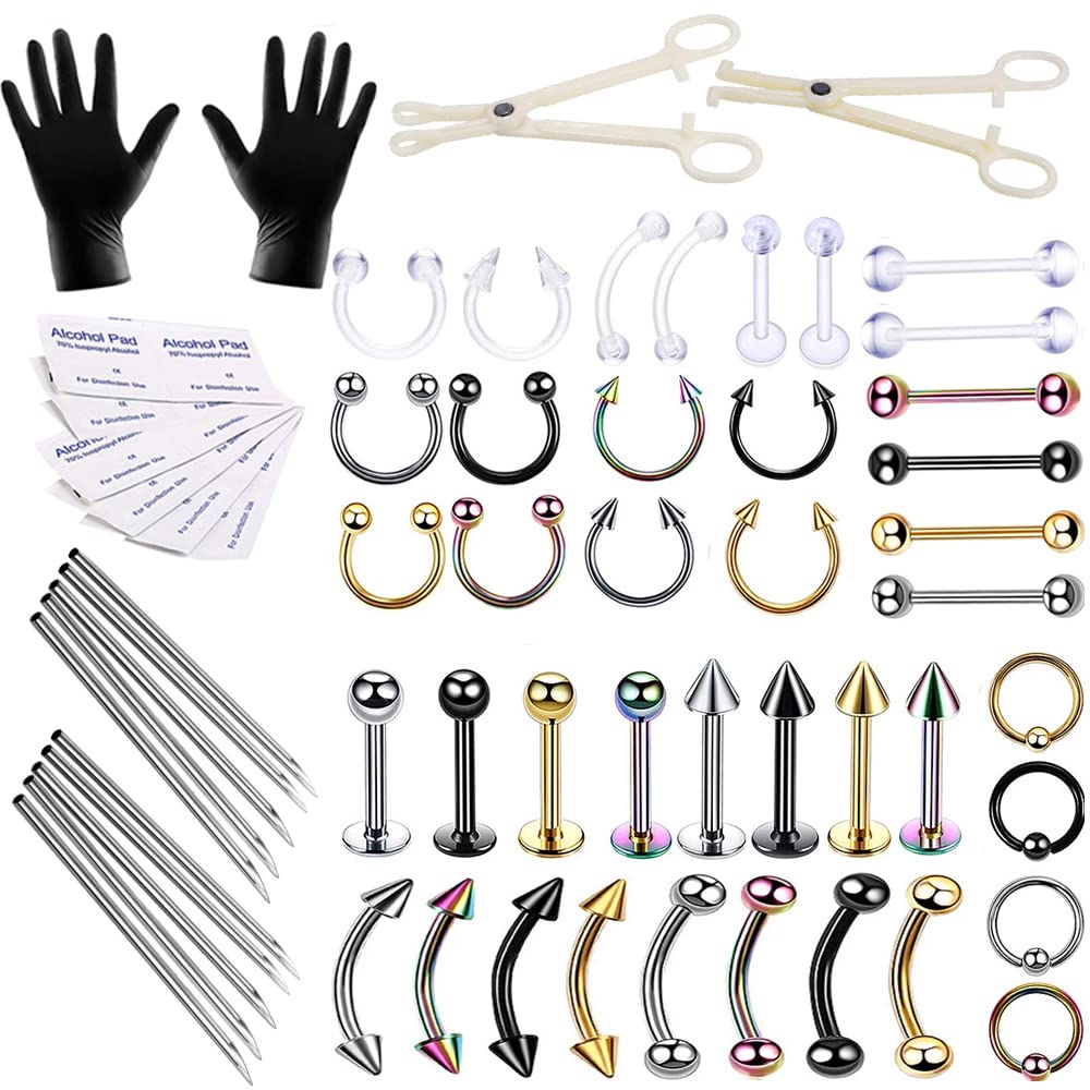 Professional Body Piercing Kit - 16G Stainless Steel Piercing Needles & Jewelry Set for Tongue, Tragus, Cartilage, Eyebrow, Nose & Lip - Safe & Hygienic for Home or Salon Use