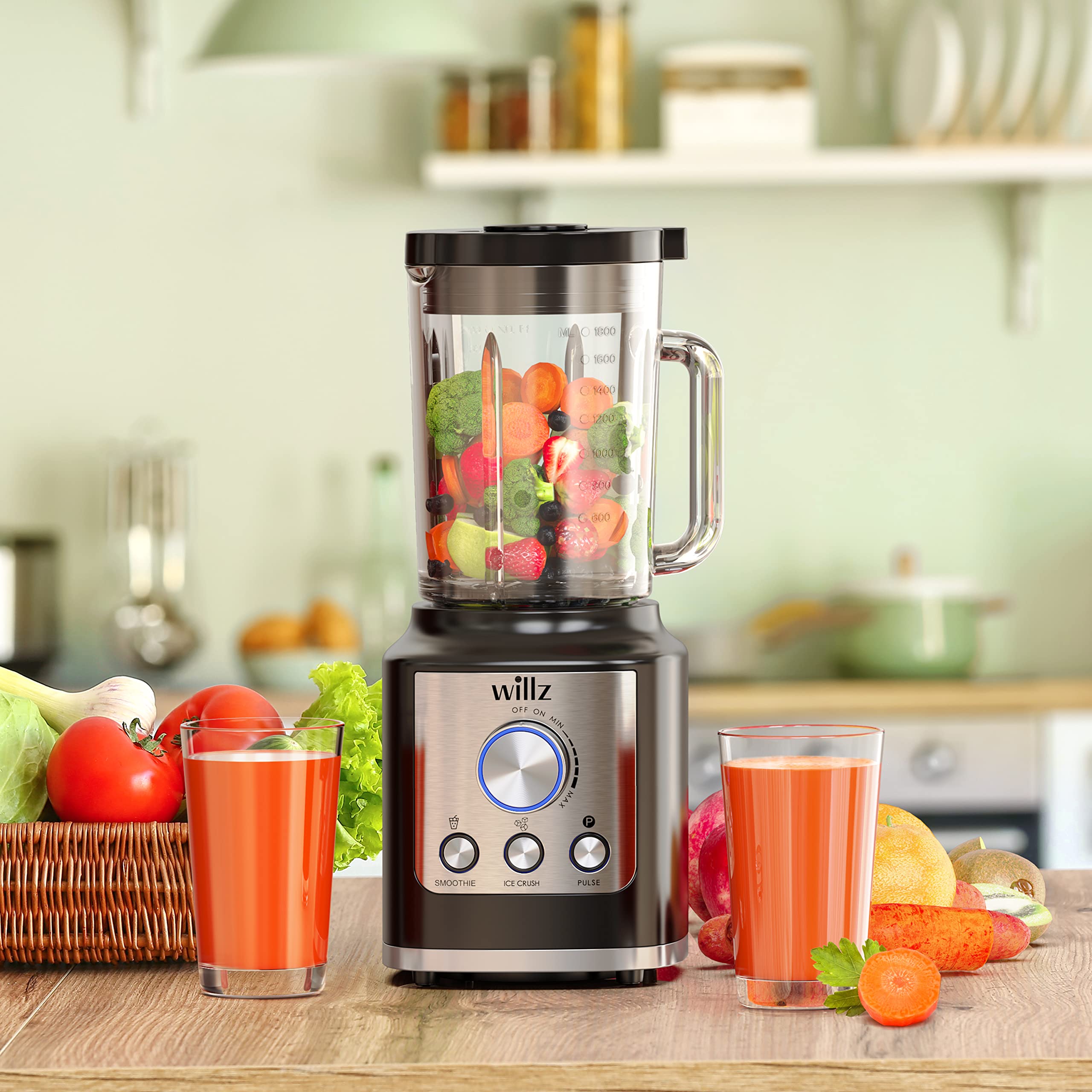 Willz High Speed Countertop Blender - 1000W Powerful Motor for Juices, Smoothies & Shakes - 60oz BPA-Free Pitcher with Ice Crush & Pulse Functions - Perfect for Kitchens, Restaurants & Healthy Lifestyles (Black)