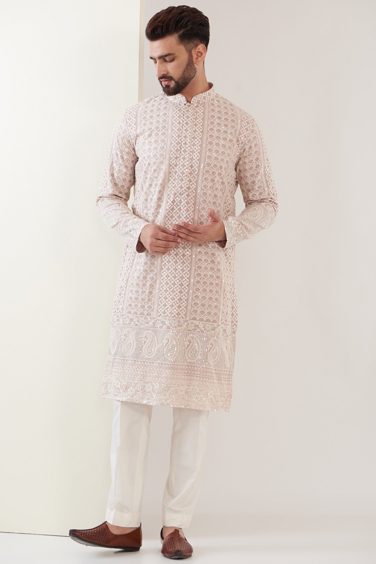 Stylish Light Mud Pink Lakhnawi Kurta for Women - Traditional Indian Tunic Top for Casual Wear & Festive Occasions