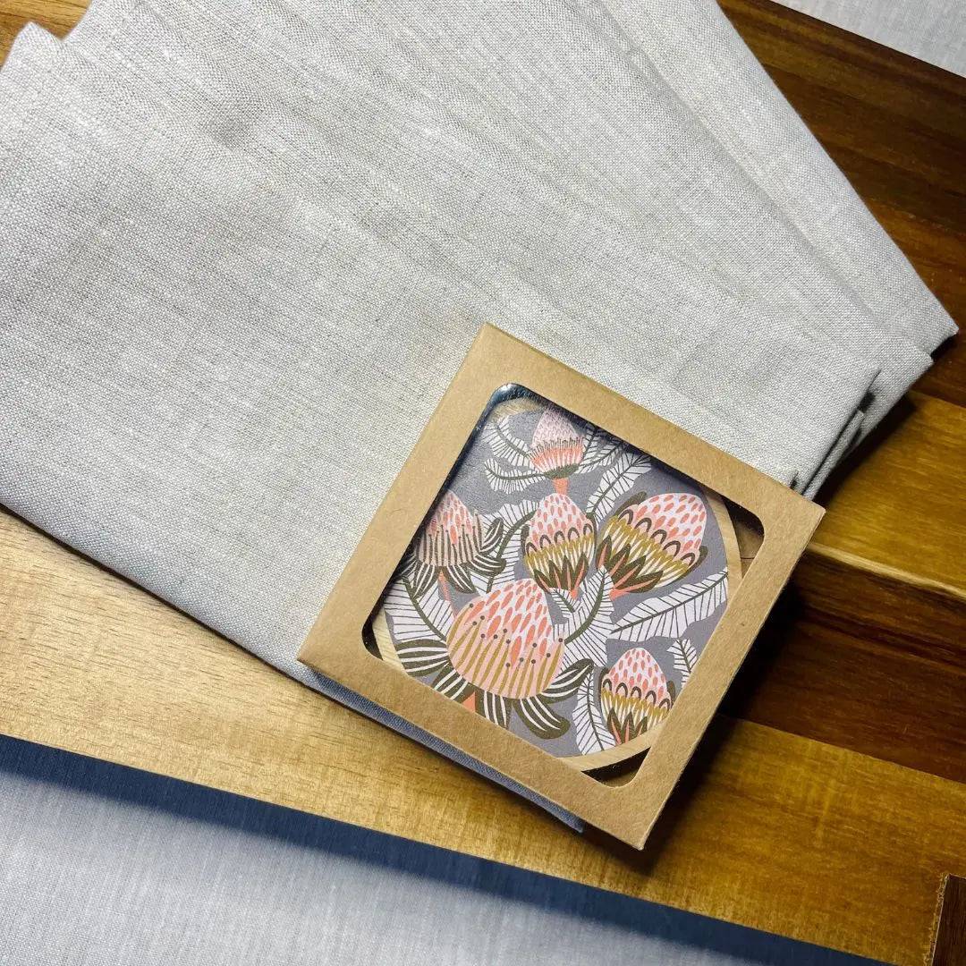 Bush Proteas Coaster and Napkin Set - 4-Piece Elegant Table Setting for Dining Room, Kitchen, or Outdoor Entertaining