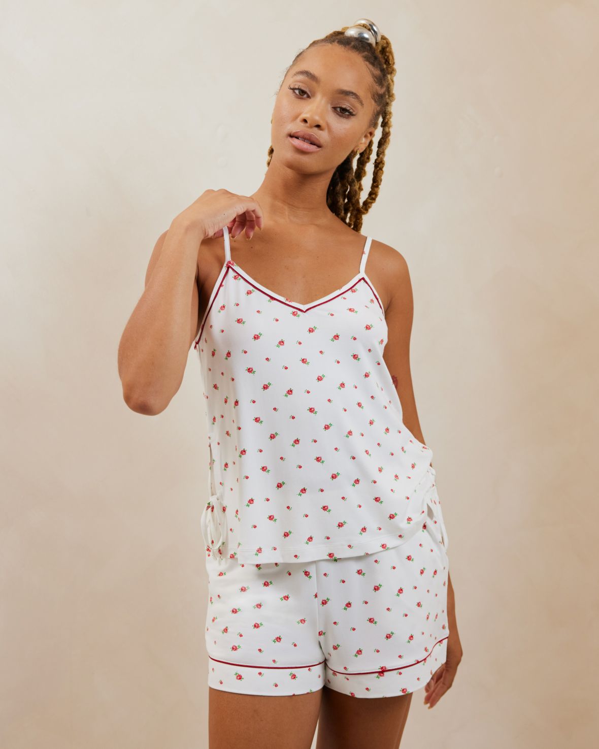 Rose Ditsy Print Cami Short Pyjama Set - Floral Sleepwear for Women - Soft & Comfortable Nightwear for Summer, Lounge & Vacation