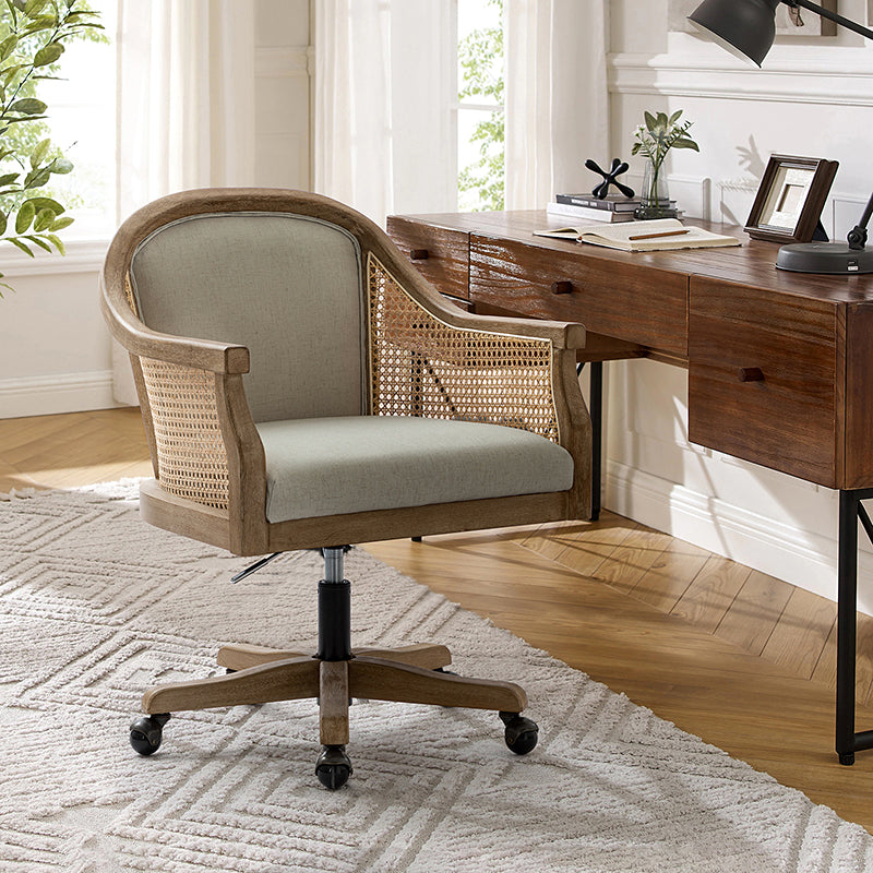 Audrey Task Accent Chair with Rattan Arms - Modern Home Office Chair for Small Spaces, Comfortable Writing Desk Chair with Woven Rattan Backrest - Perfect for Study Rooms, Living Rooms & Cozy Corners