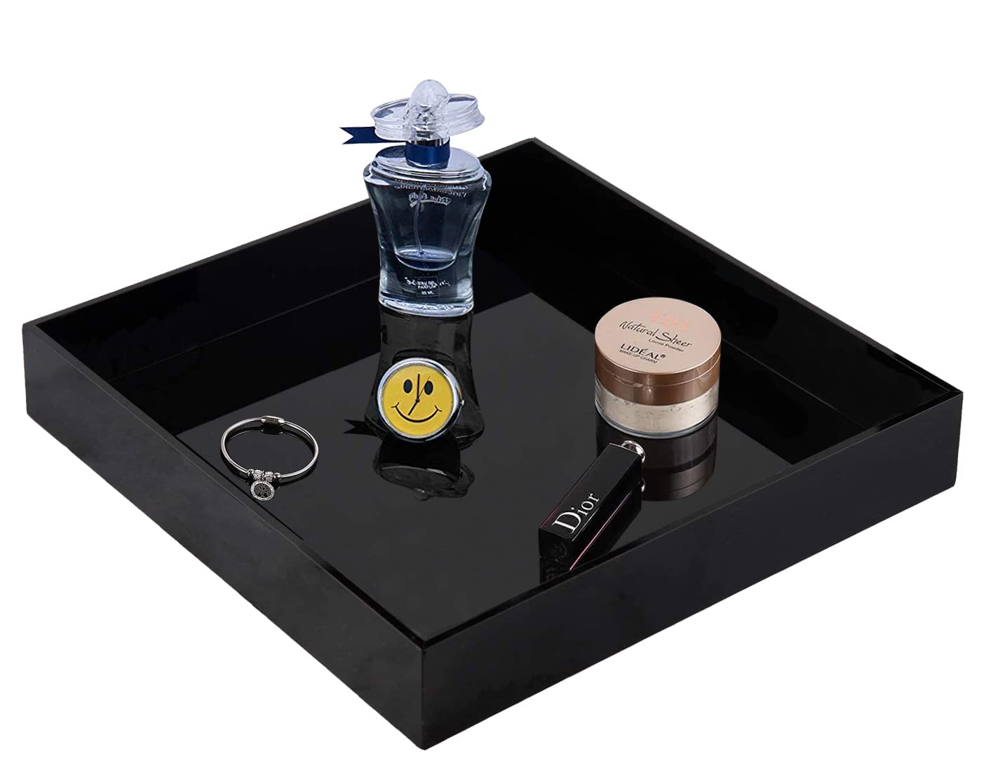 Waterproof Acrylic Vanity Tray - 10x10 Inch Black Remote Control & Valet Tray Organizer for Nightstand, Dresser or Bathroom - Perfect for Change, Coins, Keys, Phone & Glasses Storage | Ideal for Home, Office & Travel Organization