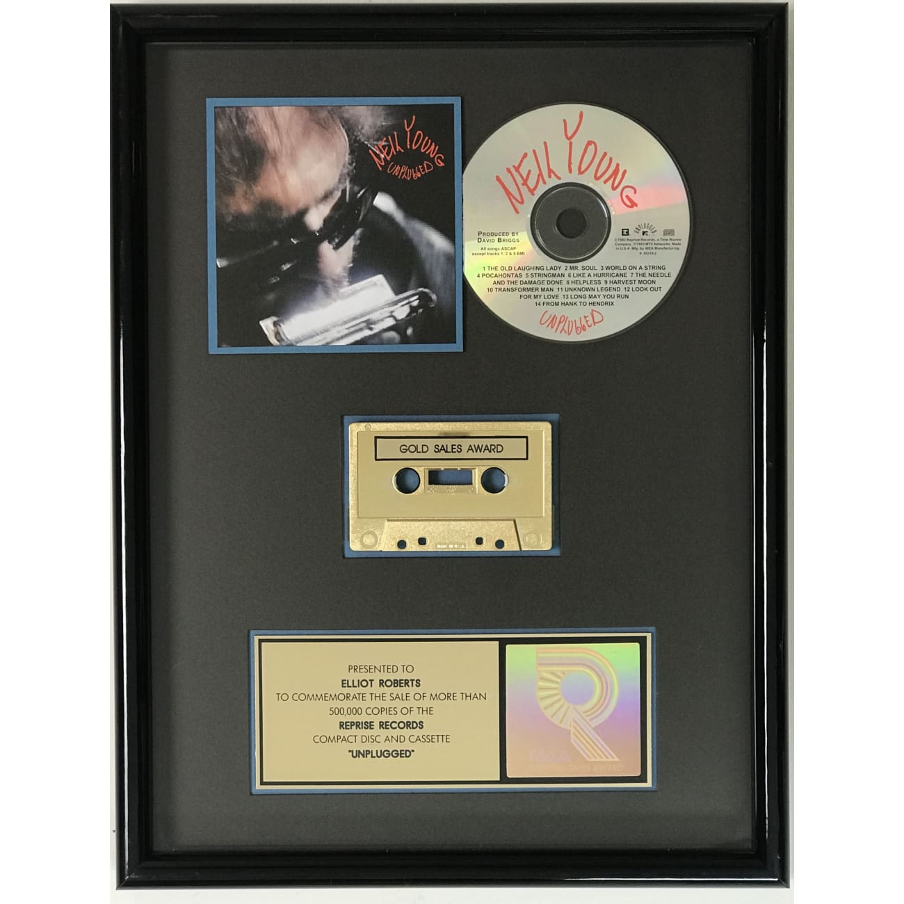 Neil Young Unplugged RIAA Gold Album Award - Certified Collectible Music Memorabilia for Fans & Collectors - Perfect for Display in Home, Office, or Music Room