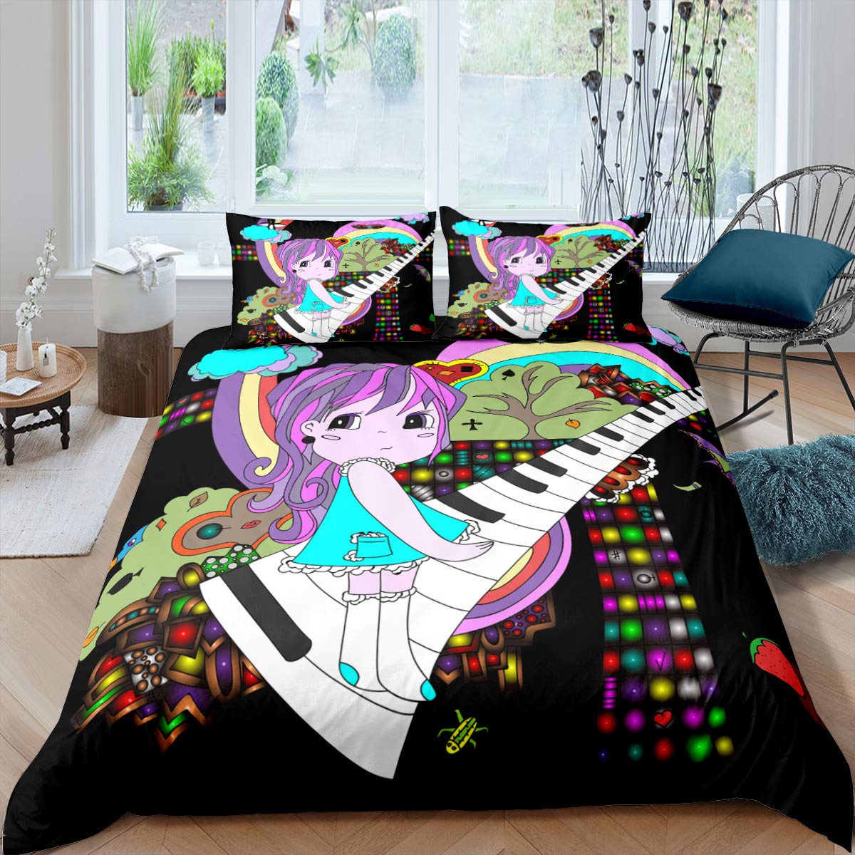 Purple Piano Keyboard Duvet Cover Set for Kids & Teens - Soft Polyester Bedding (1 Duvet Cover + 2 Pillowcases) Queen Size - Perfect for Music Lovers' Bedroom Decor & Gift Ideas