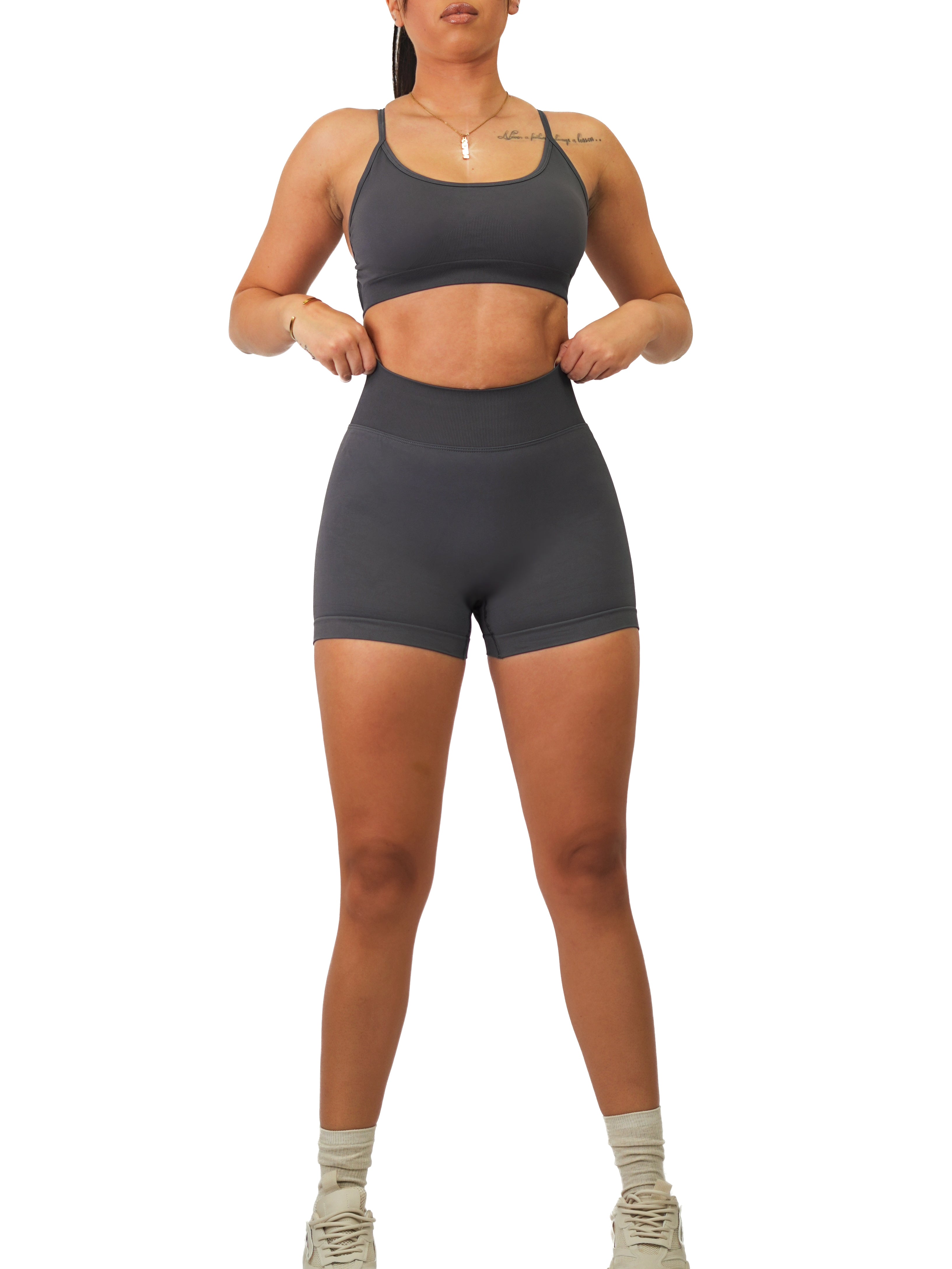 Seamless V Back Booty Shorts for Women - High Waisted Workout Shorts, Yoga Shorts, Gym Shorts - Comfortable & Stretchy (Charcoal) - Perfect for Yoga, Running, Gym & Lounge Wear