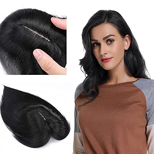 MY-LADY Silk Base Clip-In Human Hair Toppers With Bangs for Women - 14 Inch #1 Jet Black, 44g, 130% Density for Thinning Hair & Hair Loss - Perfect for Daily Wear, Special Occasions & Hair Volume Enhancement