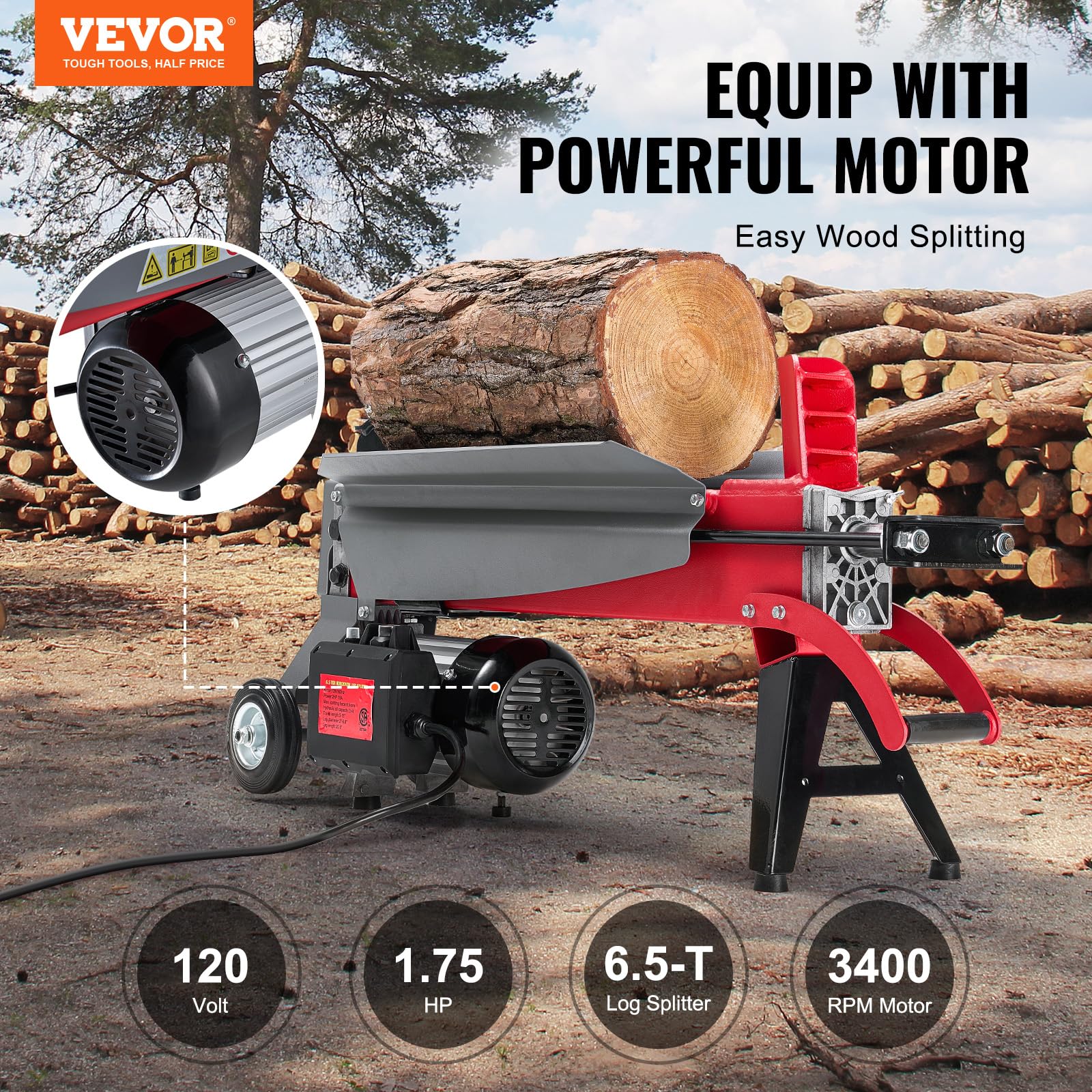 VEVOR 6.5 Ton Electric Log Splitter with 1.75HP Motor & 3400 RPM - 20.5
