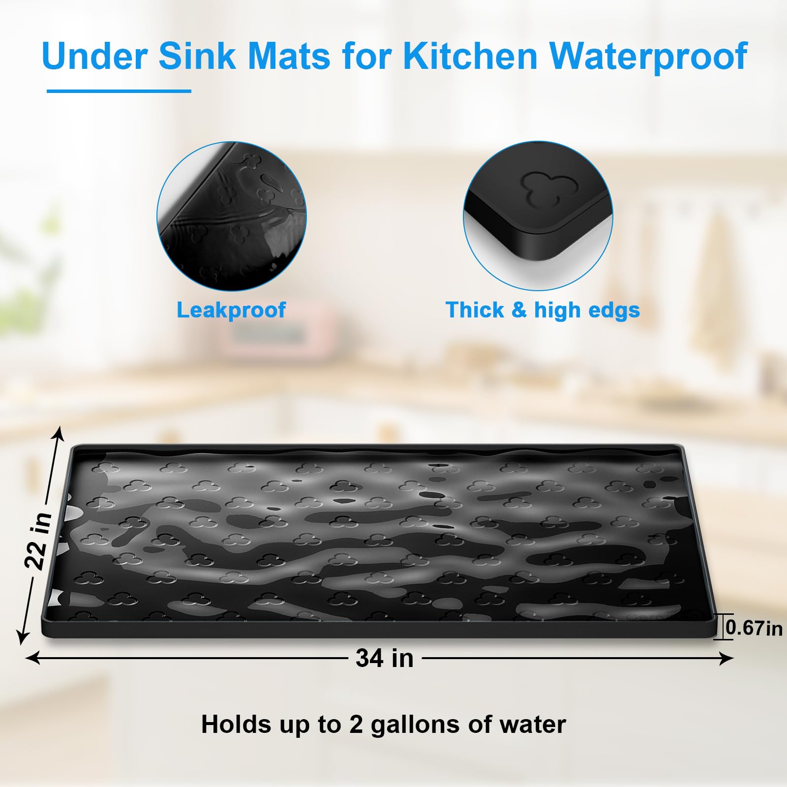 Waterproof Under Sink Mat 34x22 Inch - Kitchen Cabinet Liner for Drip Protection (Black) - Perfect for Bathroom & Kitchen Use
