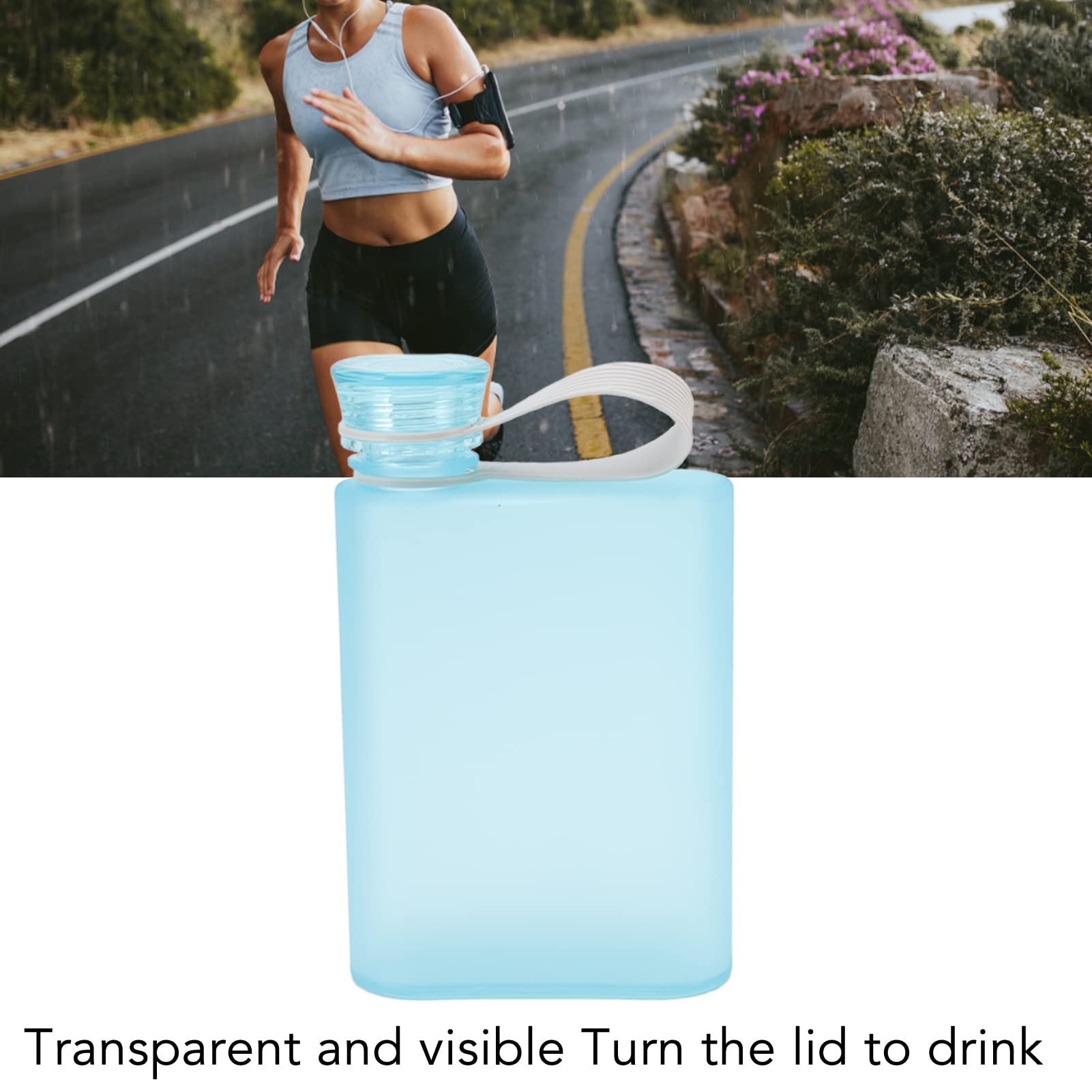 13oz Slim Flat Water Bottle - BPA Free Plastic Travel Mug with Leak-Proof Lid - Portable & Lightweight for Gym, Hiking, Office & Daily Use - 380ml Transparent Blue Sports Water Flask