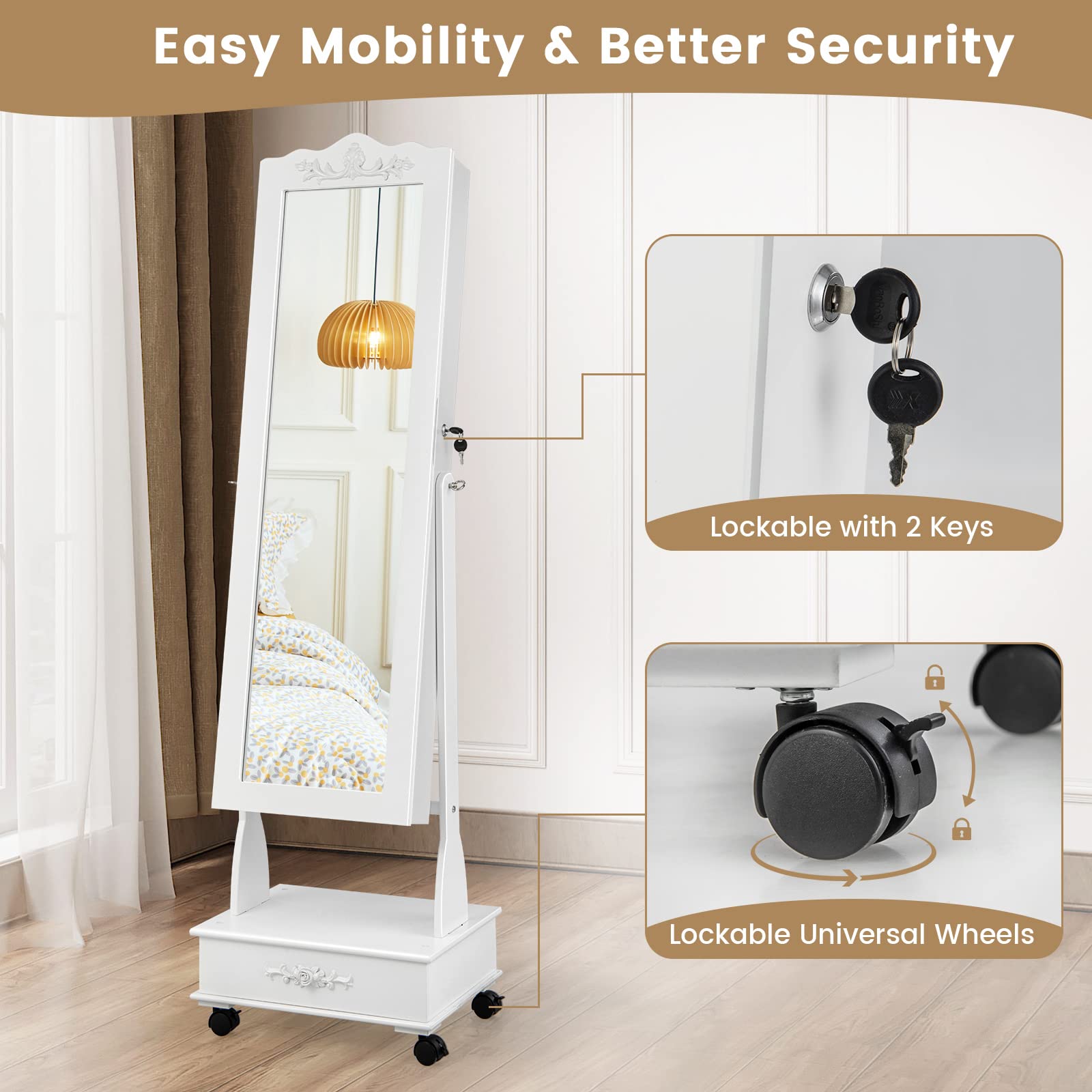 CHARMAID Rolling Jewelry Armoire with Full-Length Mirror - Lockable Standing Jewelry Cabinet with LED Lights & Wheels - 10-Drawer Jewelry Organizer with Storage - White - Perfect for Bedroom, Closet & Dressing Room Organization