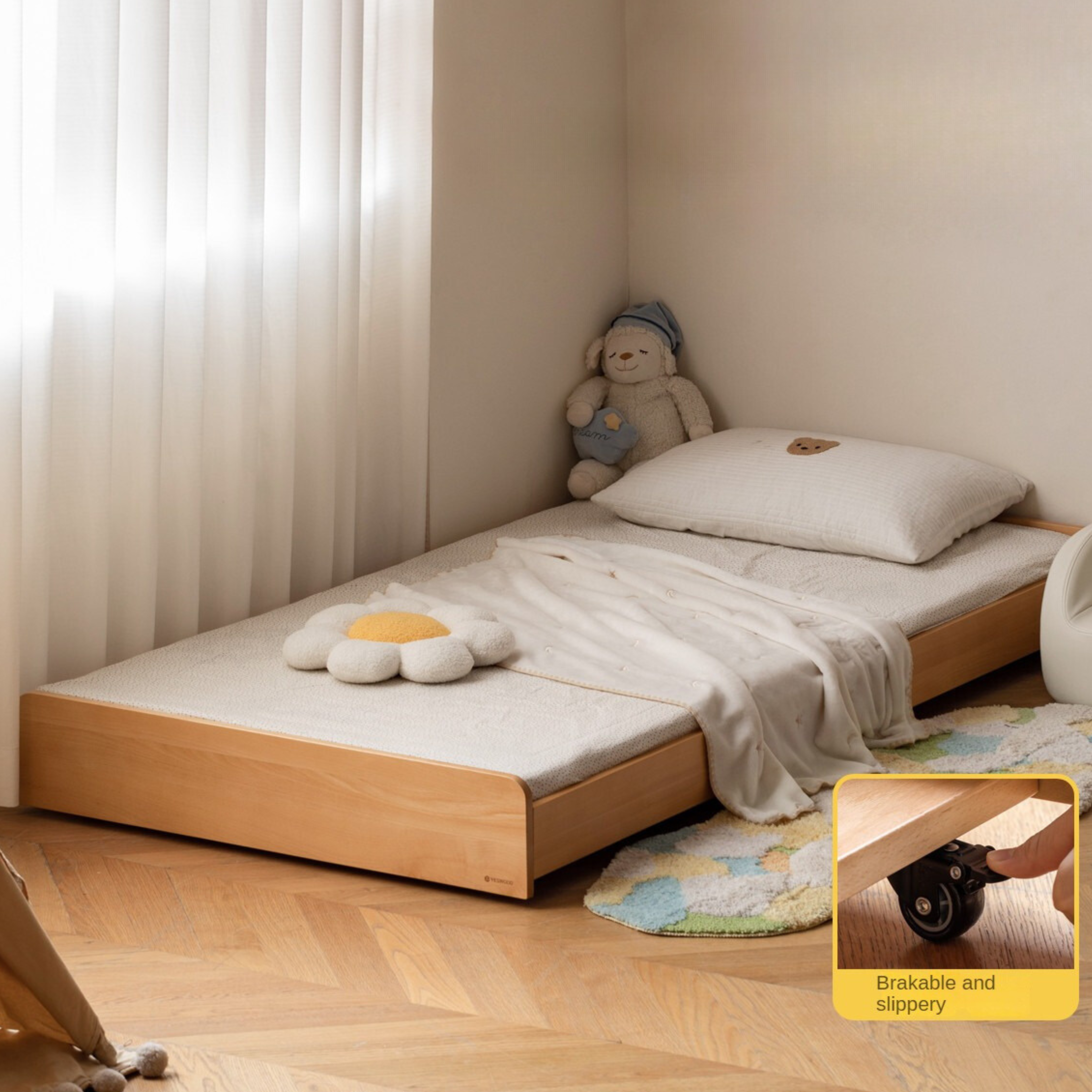 Solid Oak & Beech Wood Floor Bed with Pulley - Toddler Bed for Safe & Comfortable Sleep - Perfect for Montessori Bedrooms & Kids' Room Decor