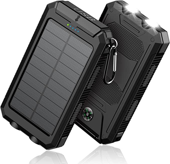 Feeke 36800mAh Solar Power Bank with QC3.0 Fast Charging - Portable Solar Charger with Dual USB Ports, Built-in LED Flashlight & Compass for iPhone, Android, Tablets - Perfect for Camping, Hiking & Outdoor Adventures (Black)