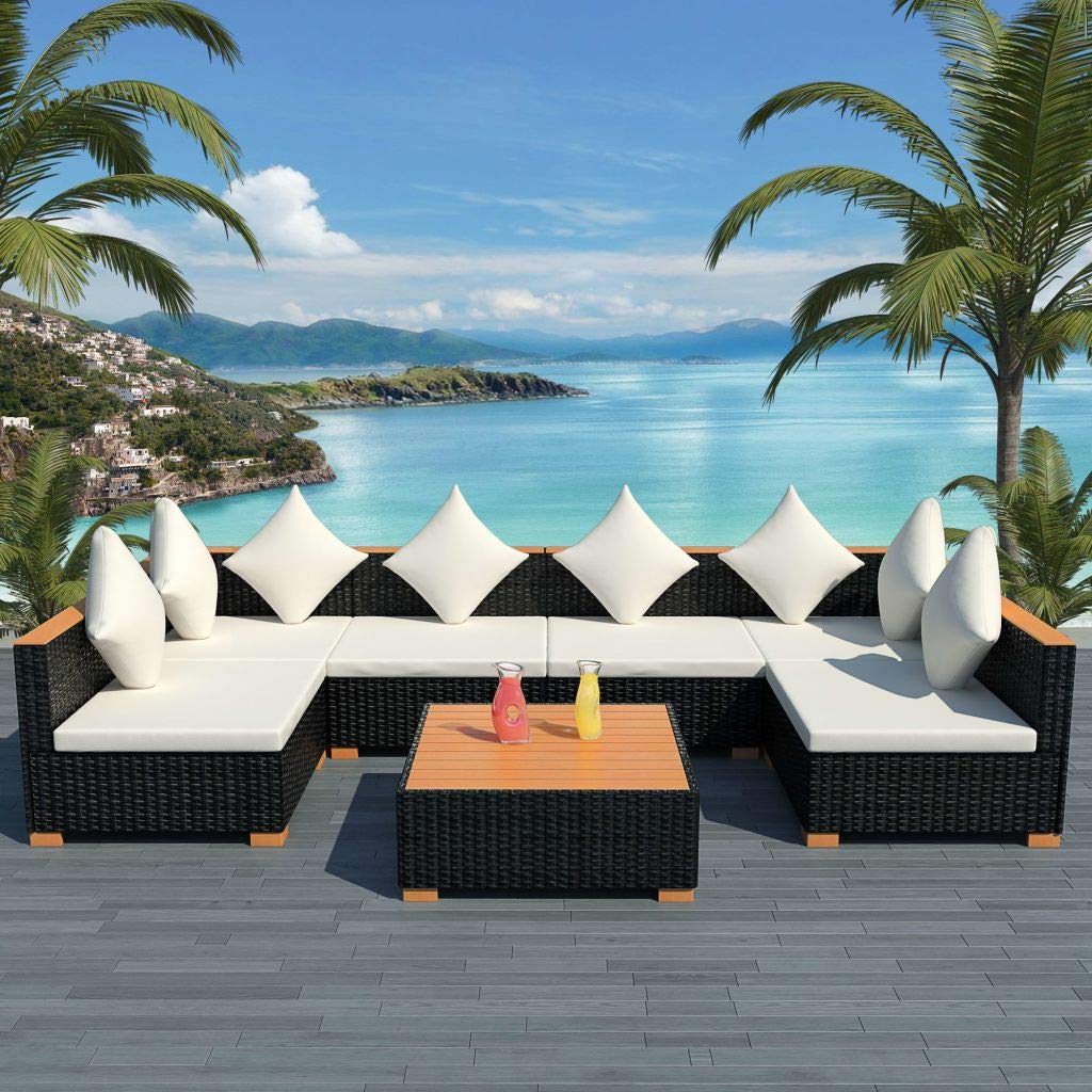 7-Piece Black Poly Rattan Outdoor Garden Lounge Set with Cushions - Patio Sectional Sofa for Backyard, Poolside & Garden Relaxation
