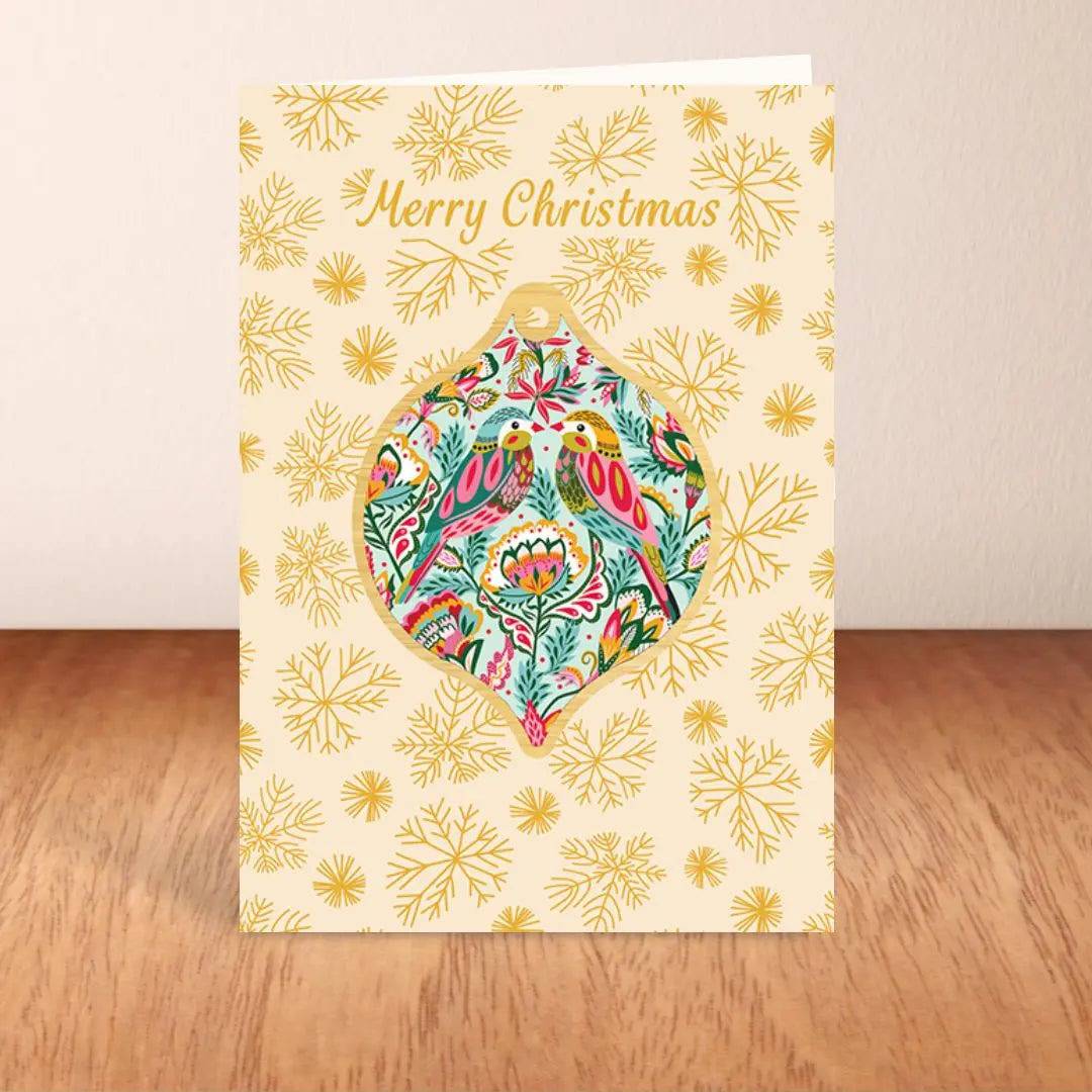Handmade Bejewelled Birds Christmas Card & Bauble Set - Festive Holiday Greeting Card with Ornament for Xmas Tree Decor - Perfect for Holiday Gifting, Home Decor & Christmas Party Favors