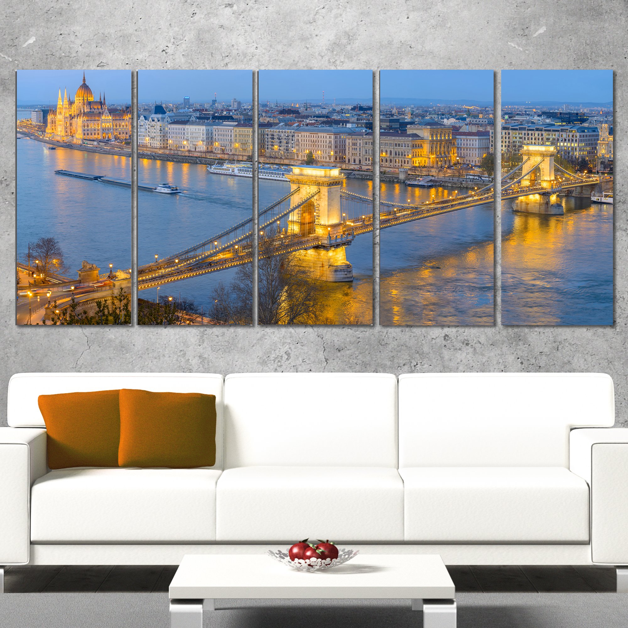 Designart Chain Building and Parliament in Budapest Cityscape Canvas Print - 60x28 Inches 5-Piece Wall Art (PT9937-401) - Modern Home Decor for Living Room, Bedroom & Office