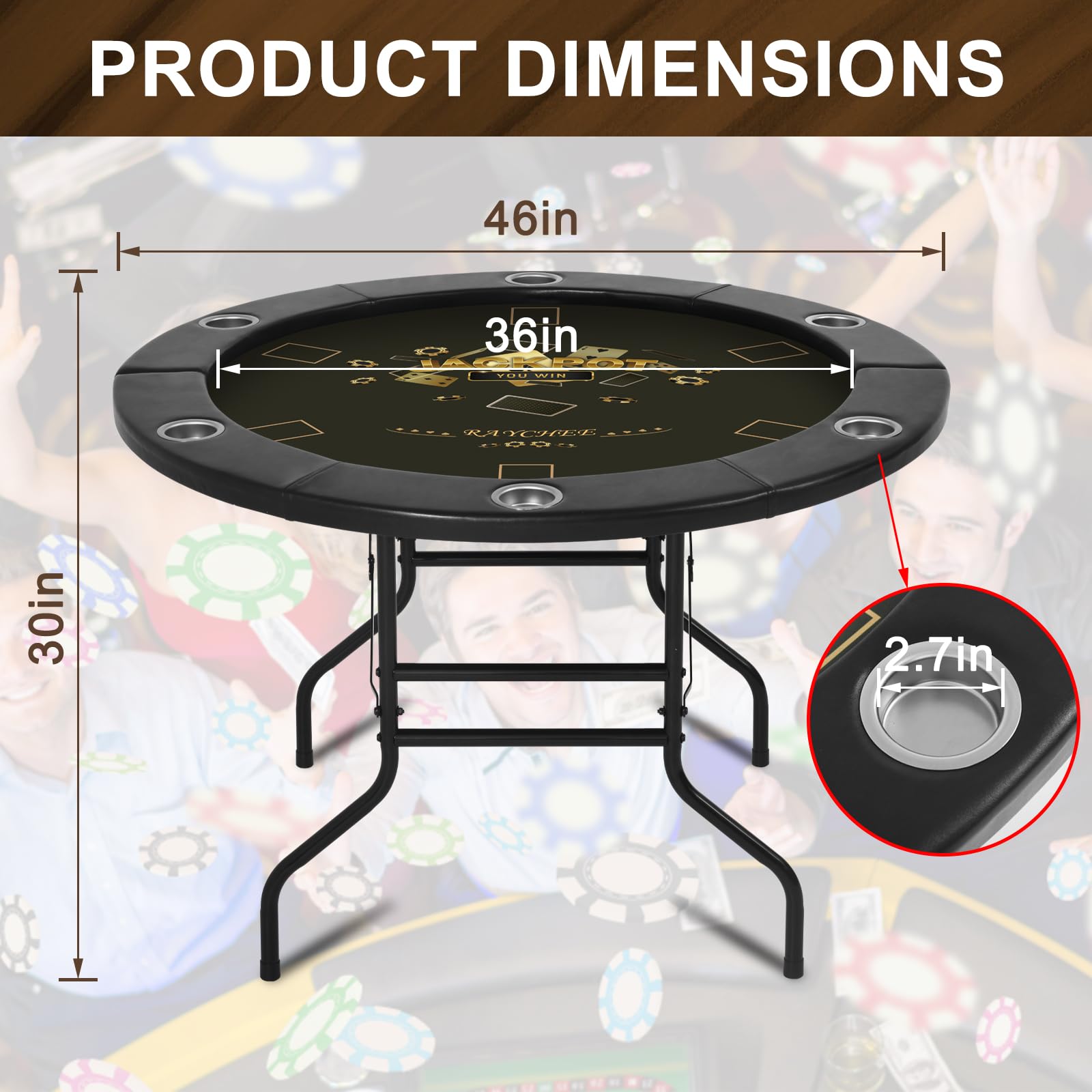Foldable Round Poker Table for 6 Players - Portable Texas Holdem Casino Game Table with Water-Resistant Cushioned Rail & Stainless Steel Cup Holders (Black) - Perfect for Home Games, Casino Nights, and Poker Parties