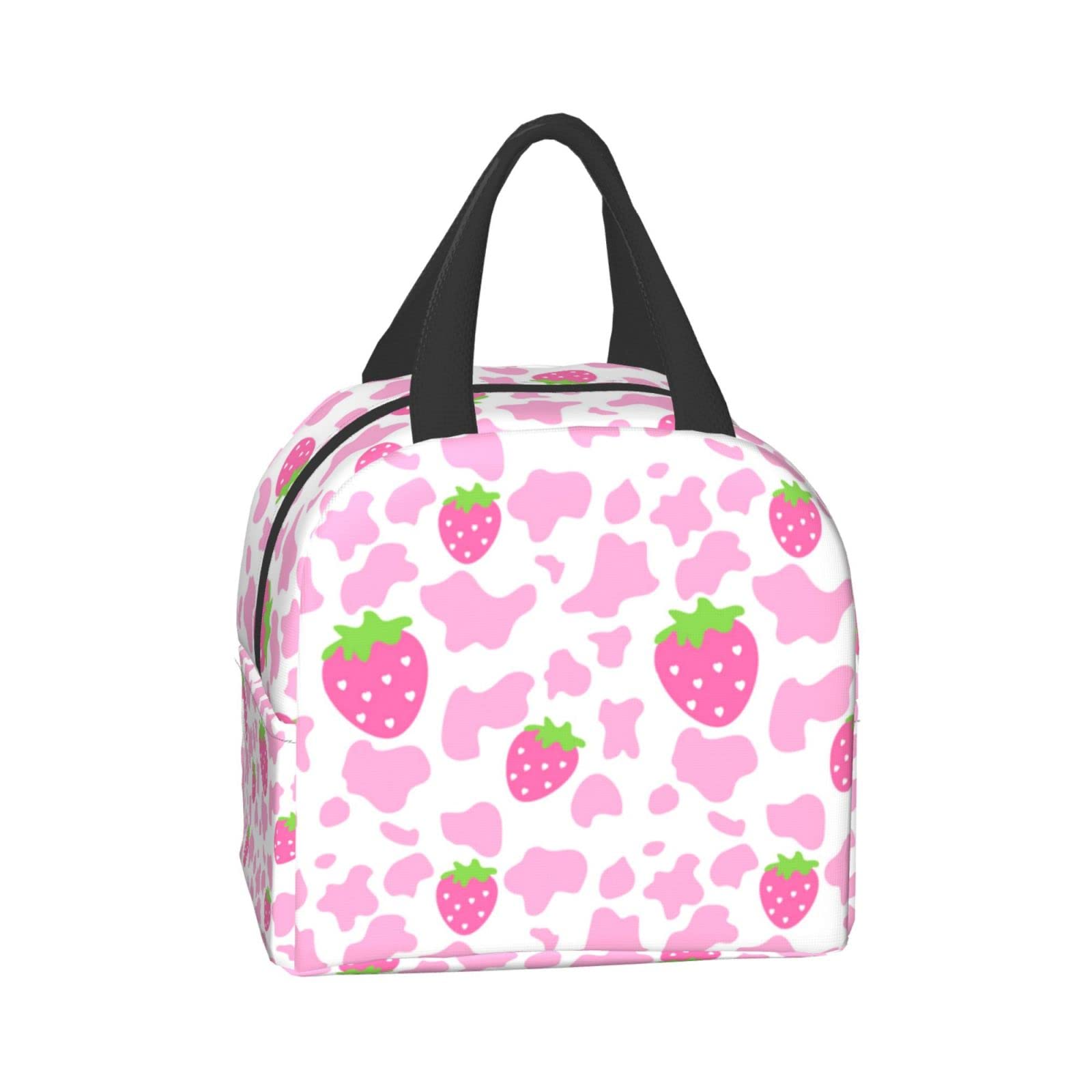 Strawberry Milk Print Insulated Lunch Box - Cute Kawaii Small Reusable Lunch Bag for Women & Men - Perfect for School, Work, Picnics & Outdoor Activities